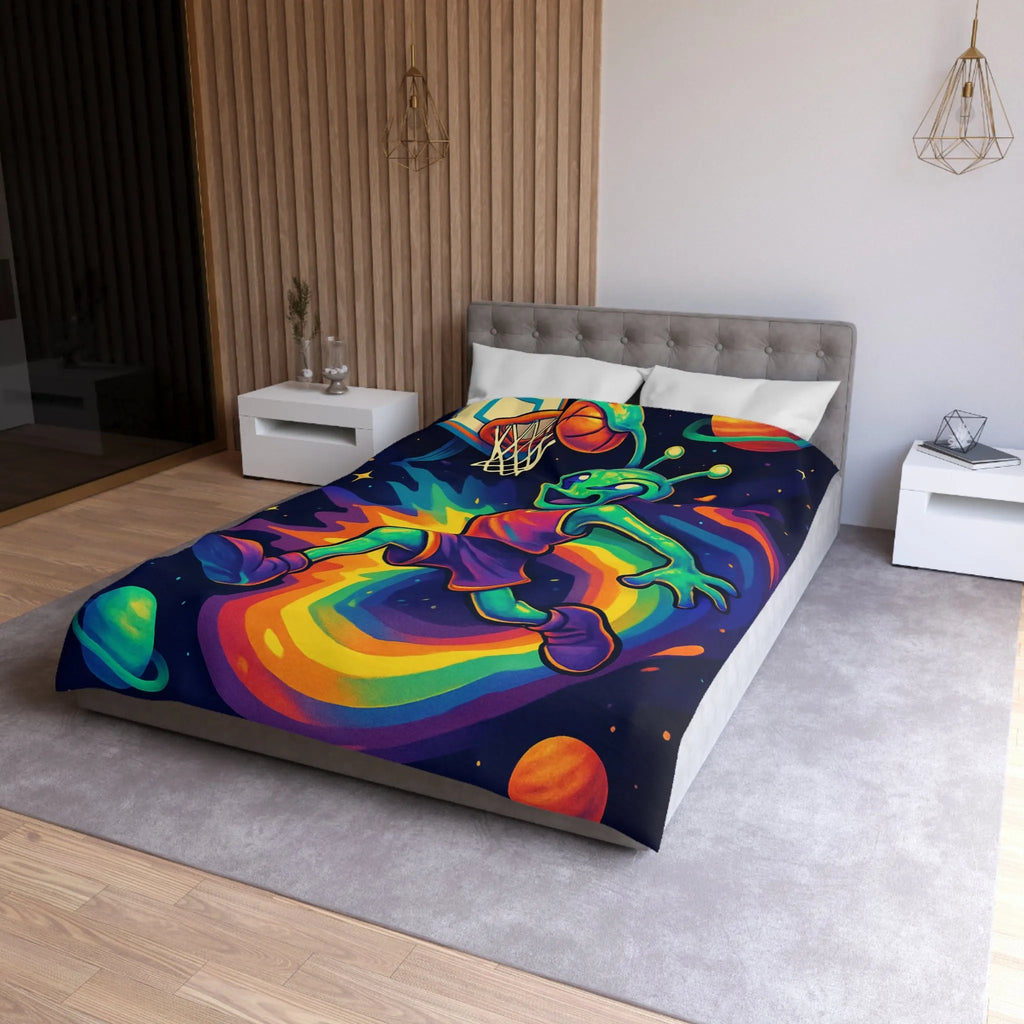 Housse de couette colorée avec alien jouant au basket dans l'espace intergalactique étoilé