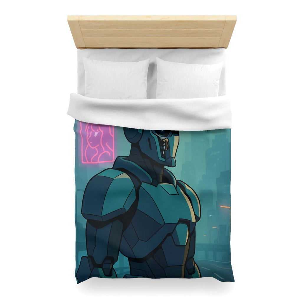 Futuristic Dystopian Cityscape with Neon Lights and Robotic Figure for Bedding Decor
