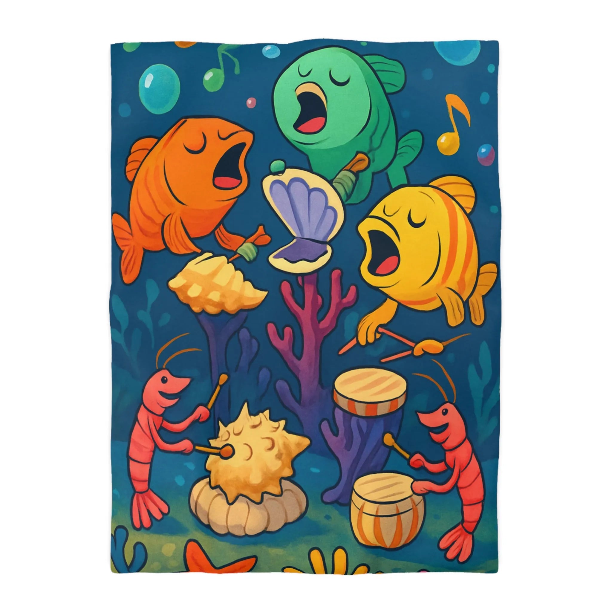 Housse de couette illustration colorée avec poissons chantants et crustacés musicaux sous l'océan