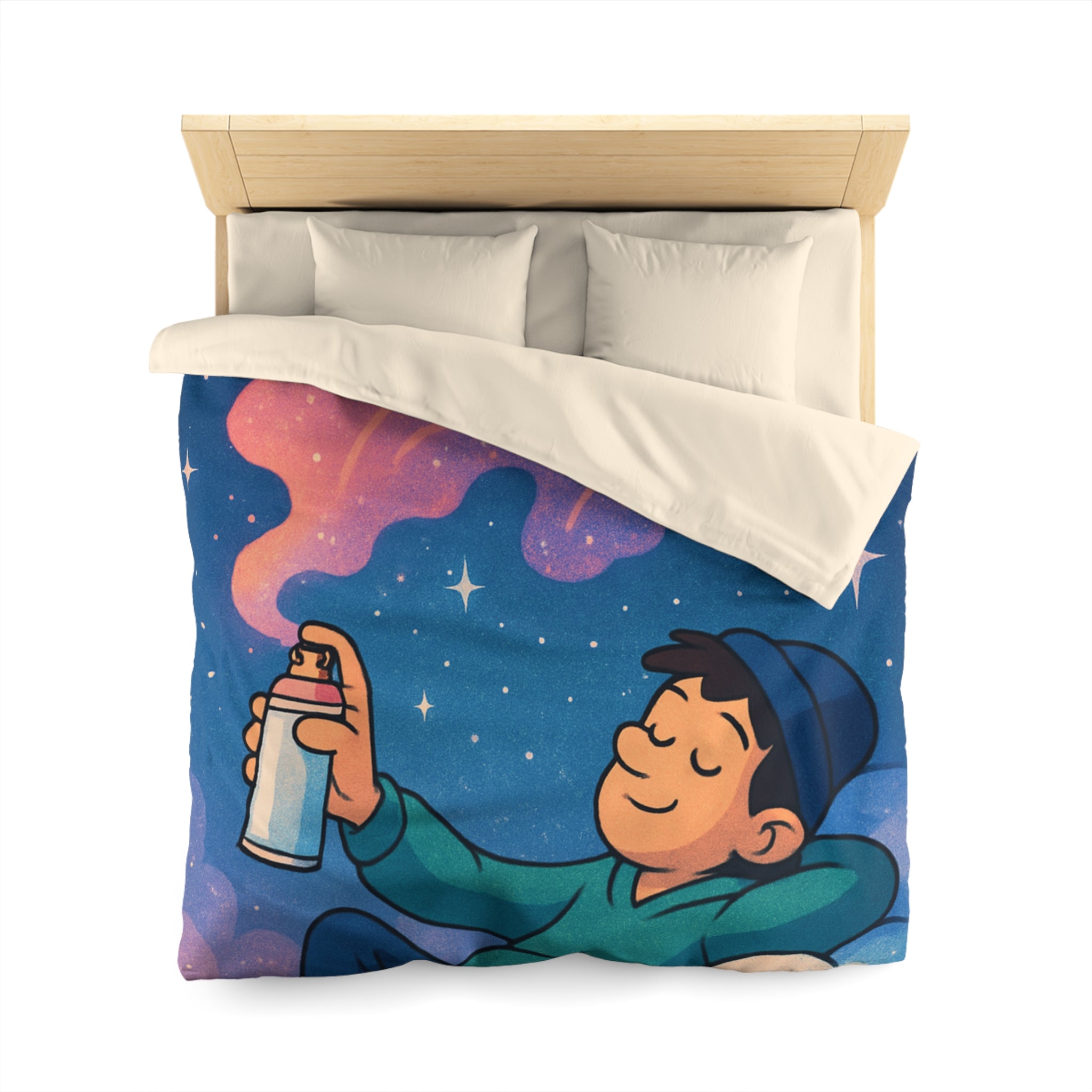 Housse de couette rêve étoilé avec jeune garçon et spray cosmique coloré