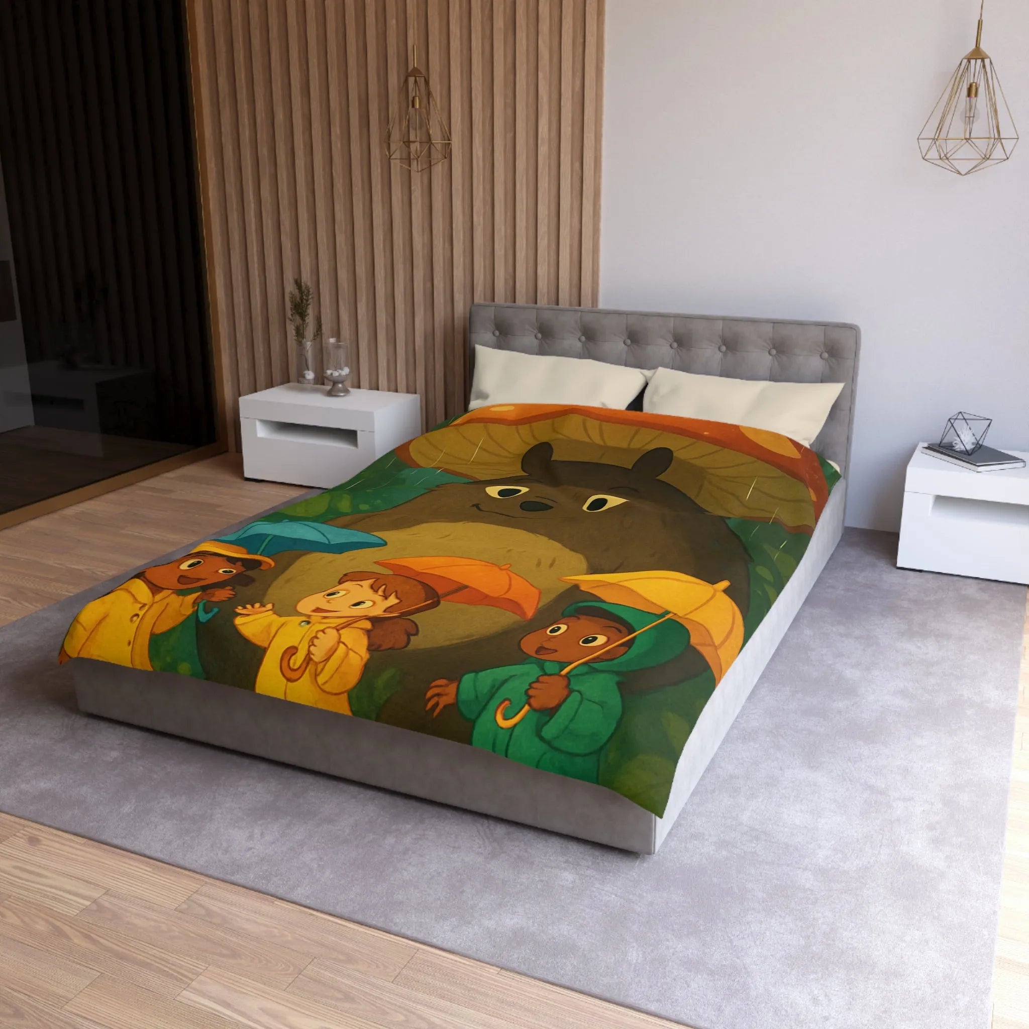 Housse de couette enfant avec ours sous champignon et enfants joyeux en forêt