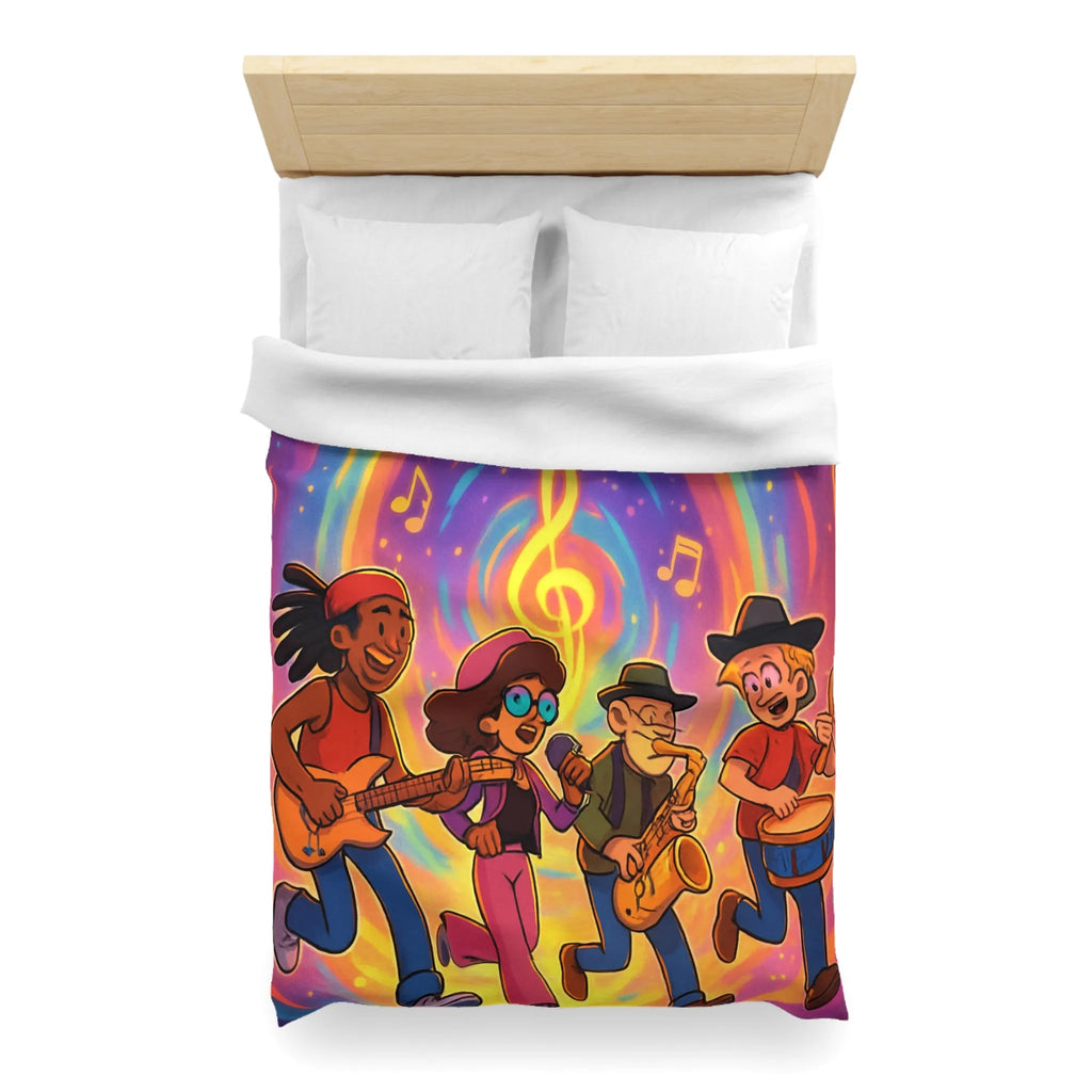 Housse de couette animée avec quatre musiciens et notes colorées en spirale lumineuse