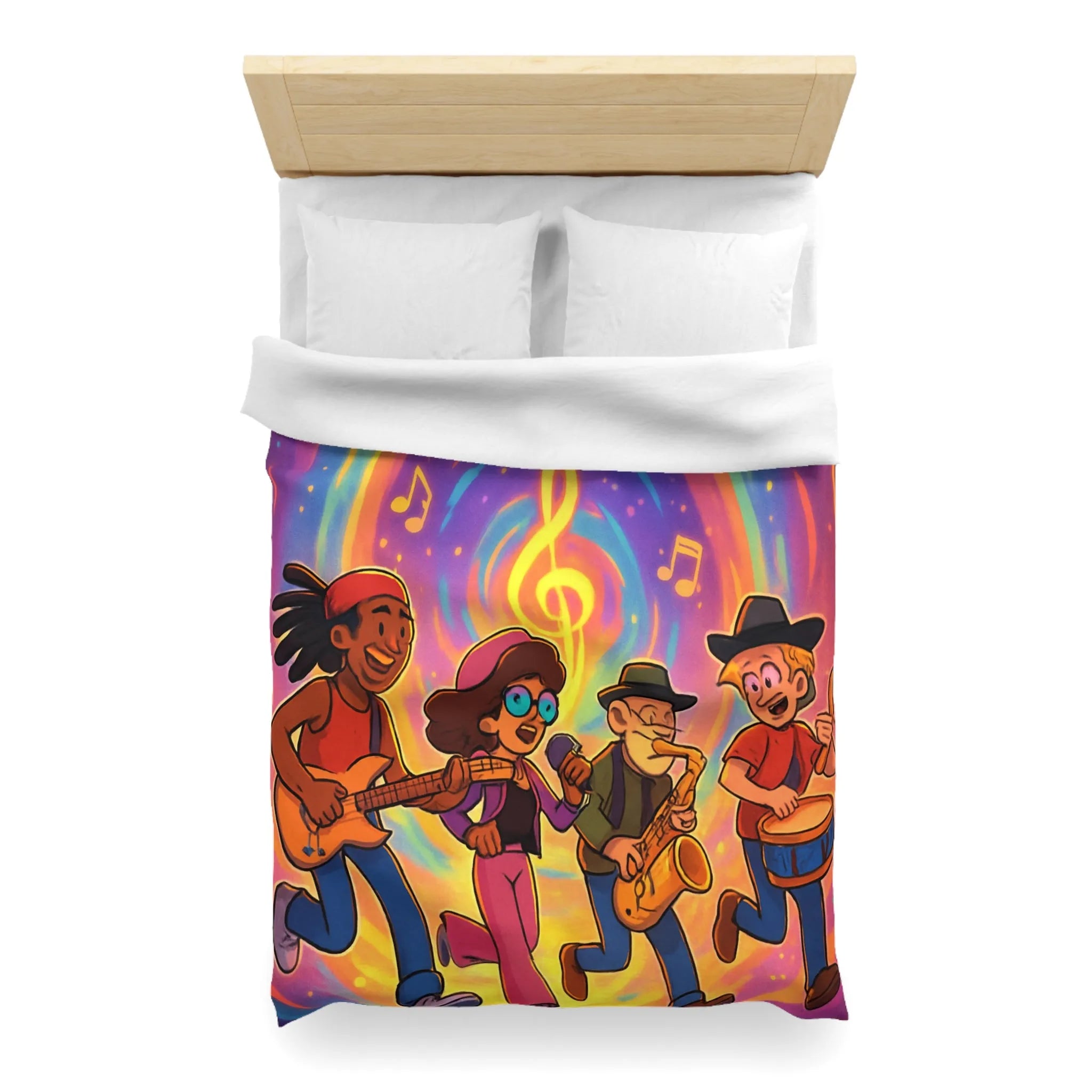 Housse de couette animée avec quatre musiciens et notes colorées en spirale lumineuse