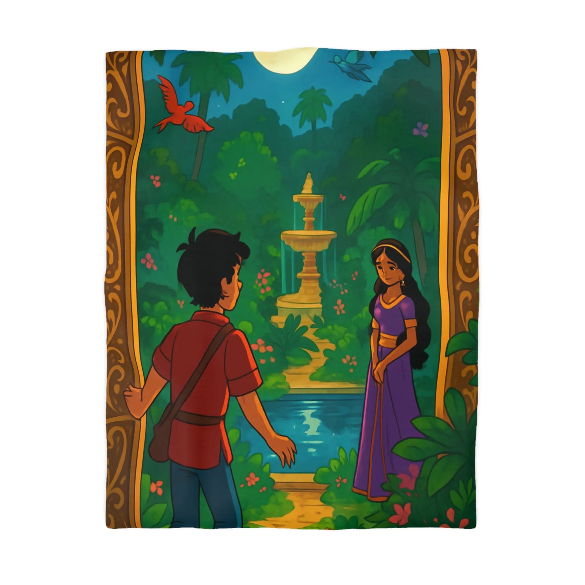 Housse De Couette Enchantée Illustrant Jardin Nocturne Avec Fontaine Et Clair De Lune