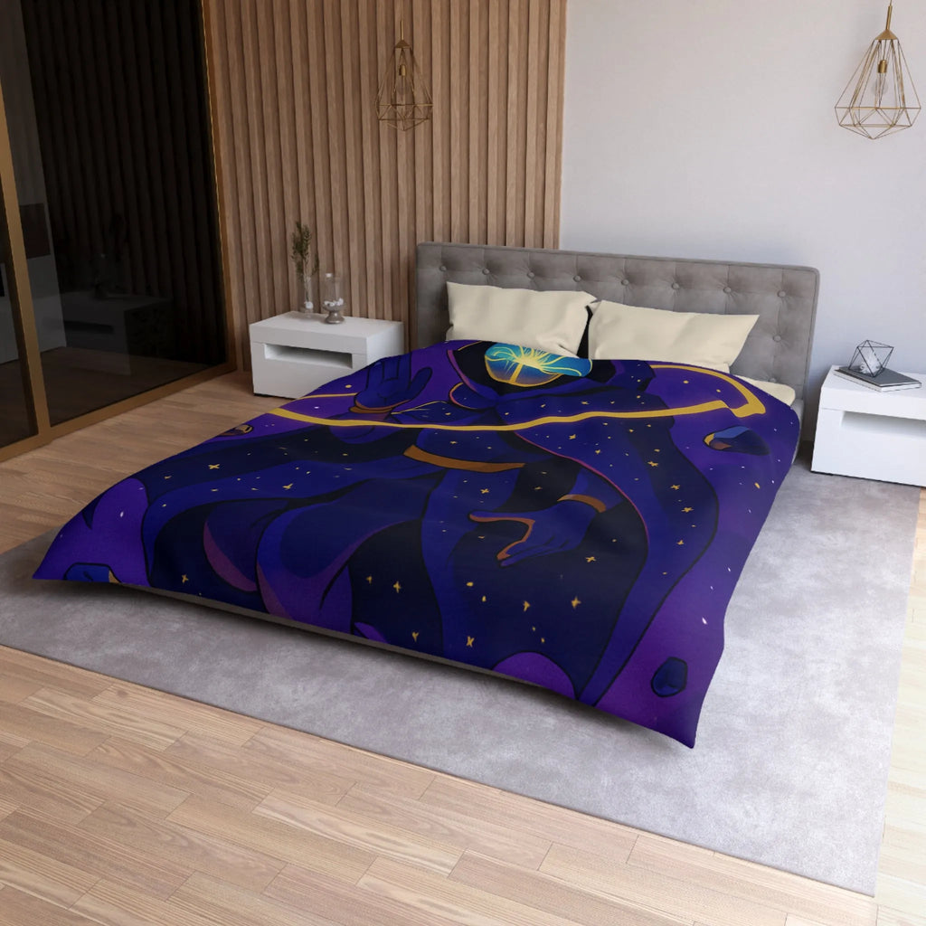 Housse de couette cosmique avec silhouette mystérieuse et motifs galactiques pour décor unique