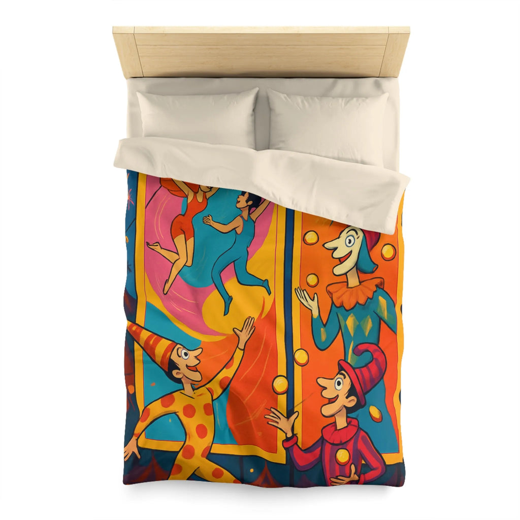Housse de couette colorée avec jongleurs et acrobates, ambiance festive et joyeuse