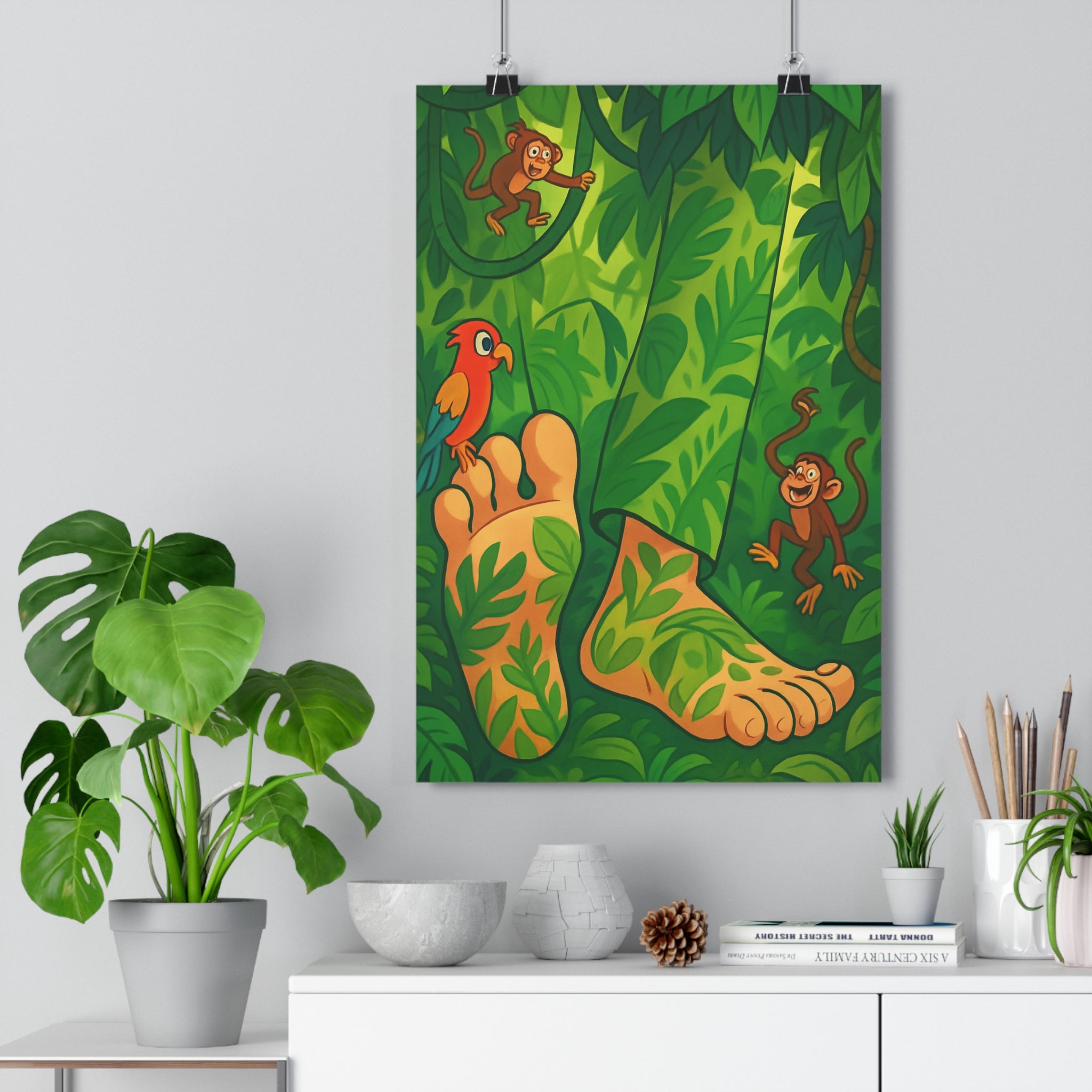 Poster décoratif jungle exotique vibrant amusant singes perroquet cartoon coloré vert orange chambre aventure