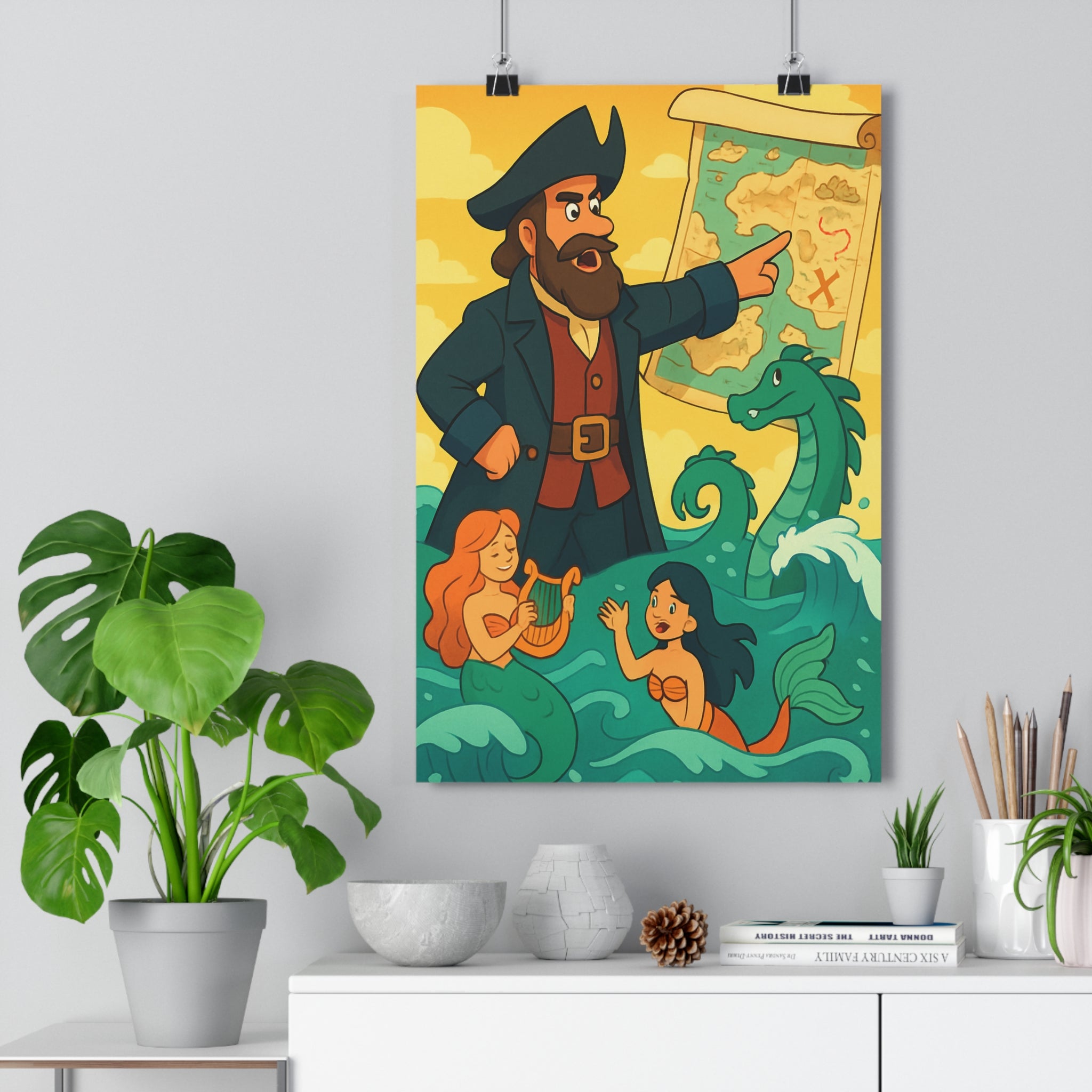 Poster décoratif aquarelle océan pirate sirène serpent aventure chambre enfant créatif bleu vert 30x46