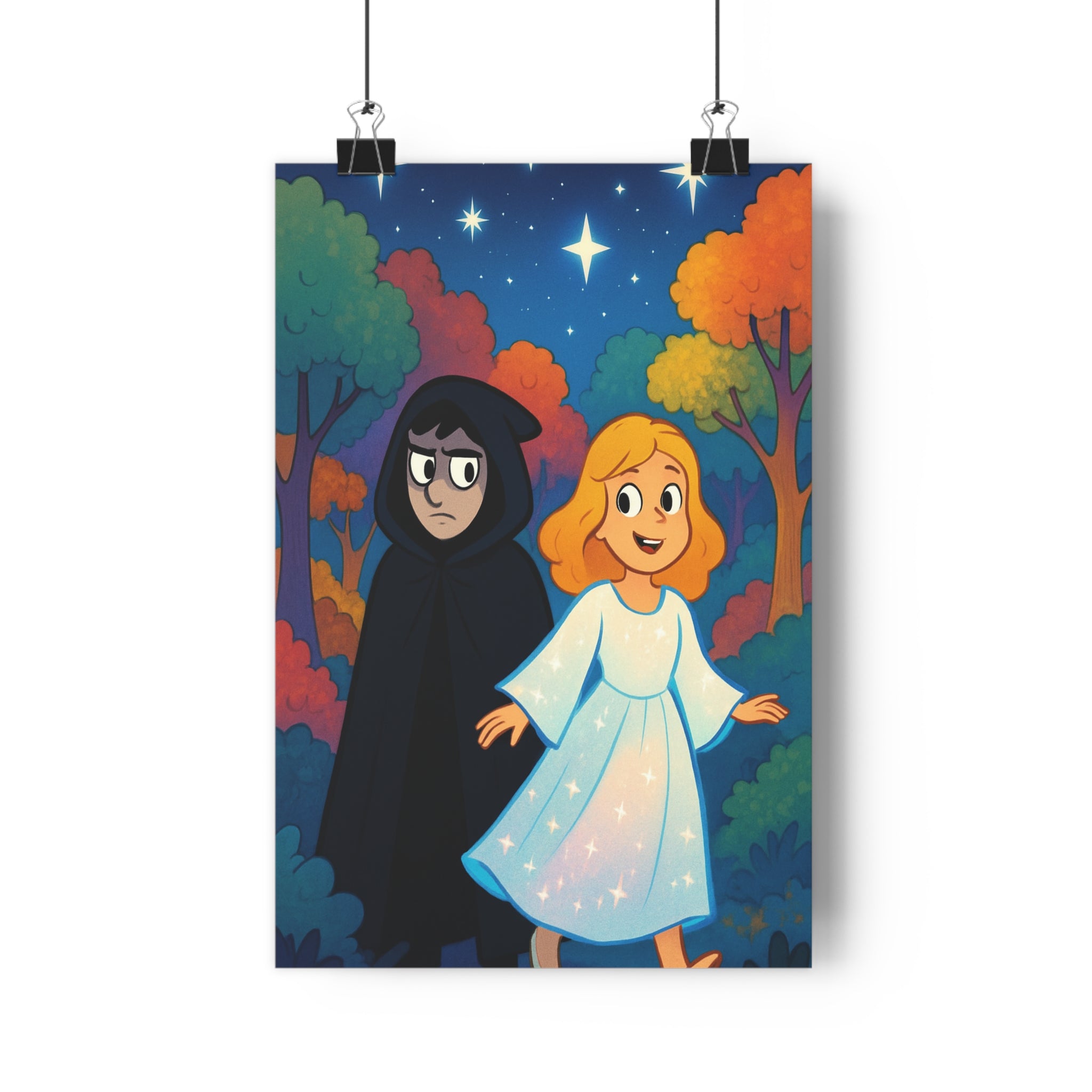 Poster décoratif cartoon rouge orange vert mystique forêt chambre salon ambiance magique personnage contrasté