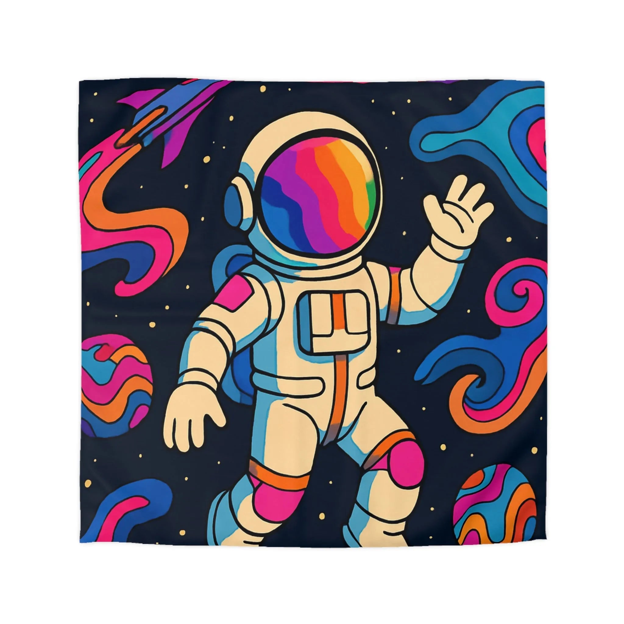 Housse de Couette Astronaute Psychédélique dans l’Espace avec Planètes Colorées et Fusées
