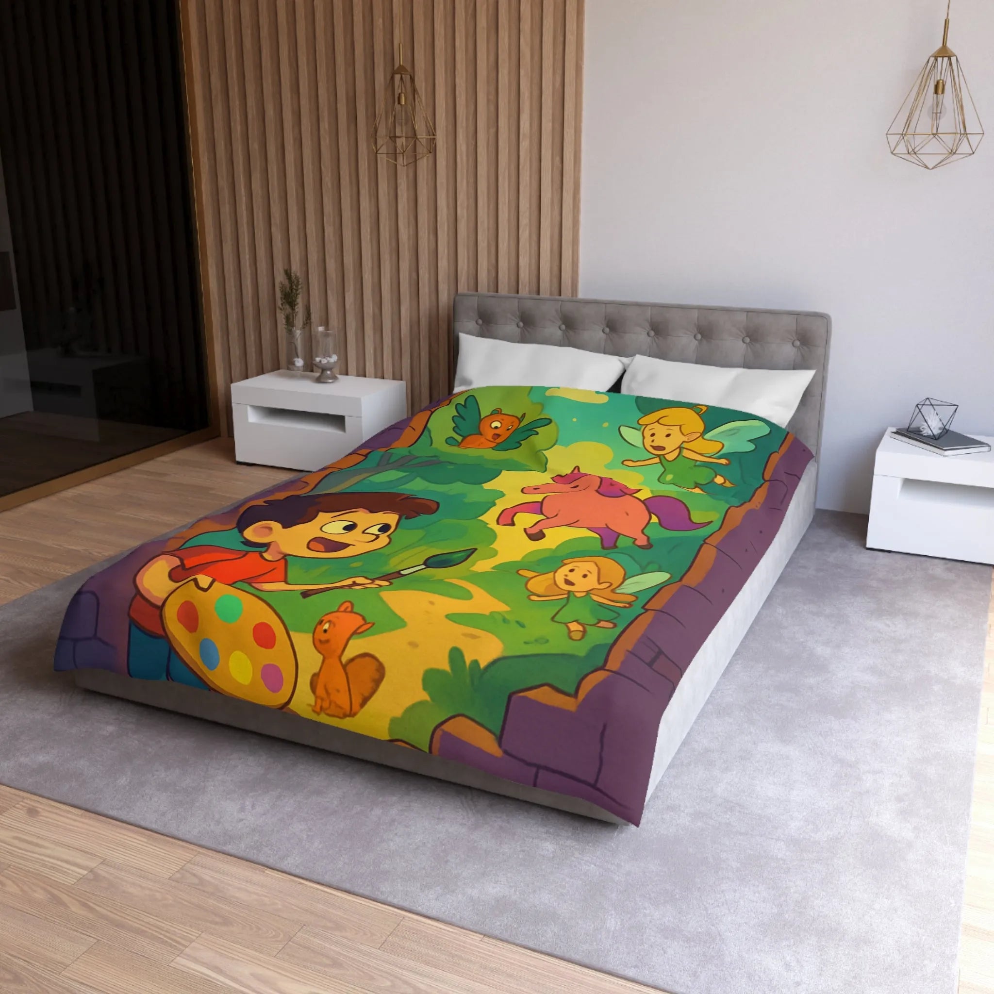 Housse de couette enfant rêve magique avec fées, licorne et peintre créatif