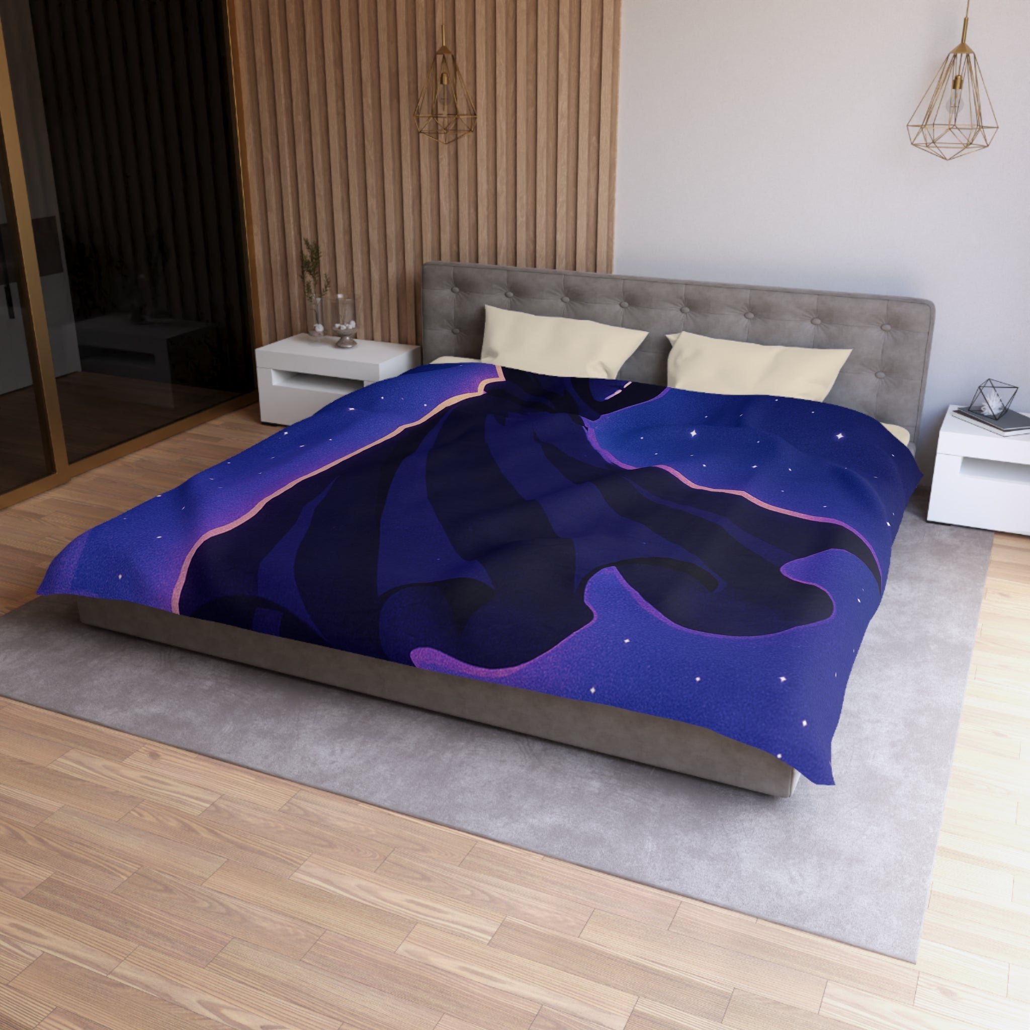 Housse de couette mystérieuse avec silhouette en cape sous un ciel étoilé magique