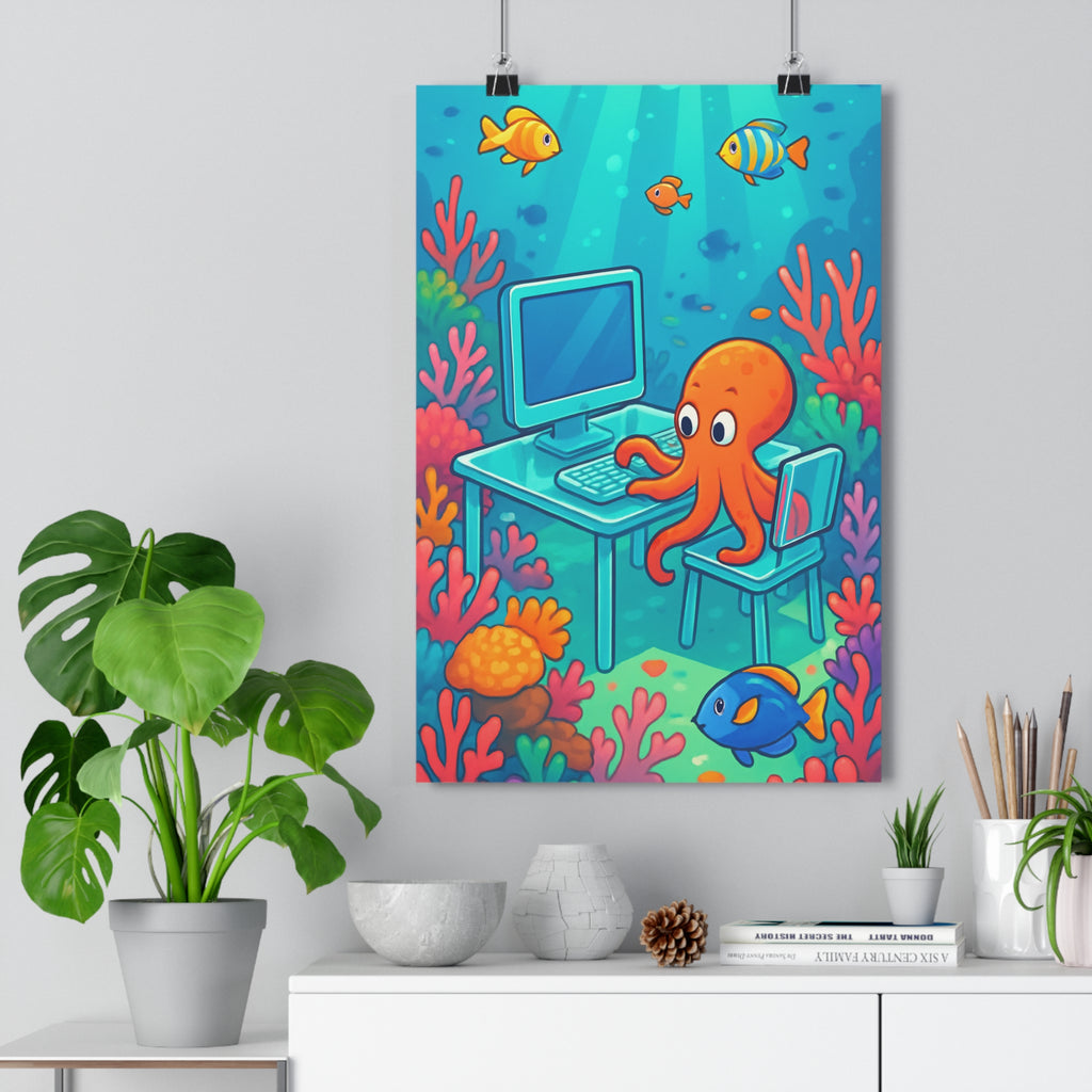 Poster décoratif cartoon aquatique joyeux pieuvre vibrant coloré enfant bureau corail ambiance qualité 30x46