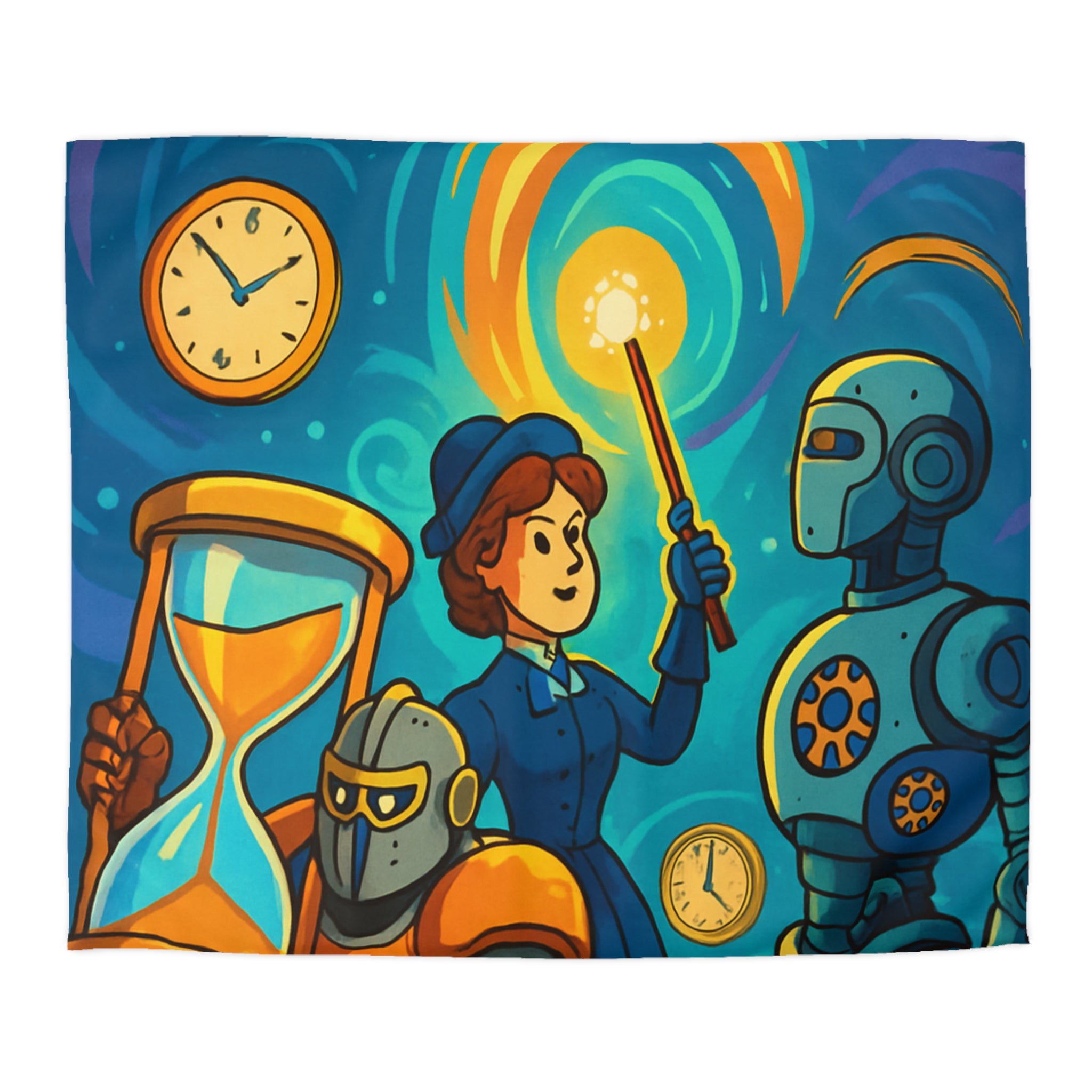 Housse de couette thème science fiction avec robots et horloges pour chambre moderne