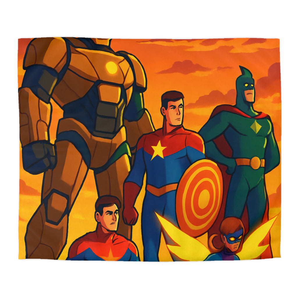 Housse de couette super-héros en costumes colorés avec coucher de soleil épique en arrière-plan