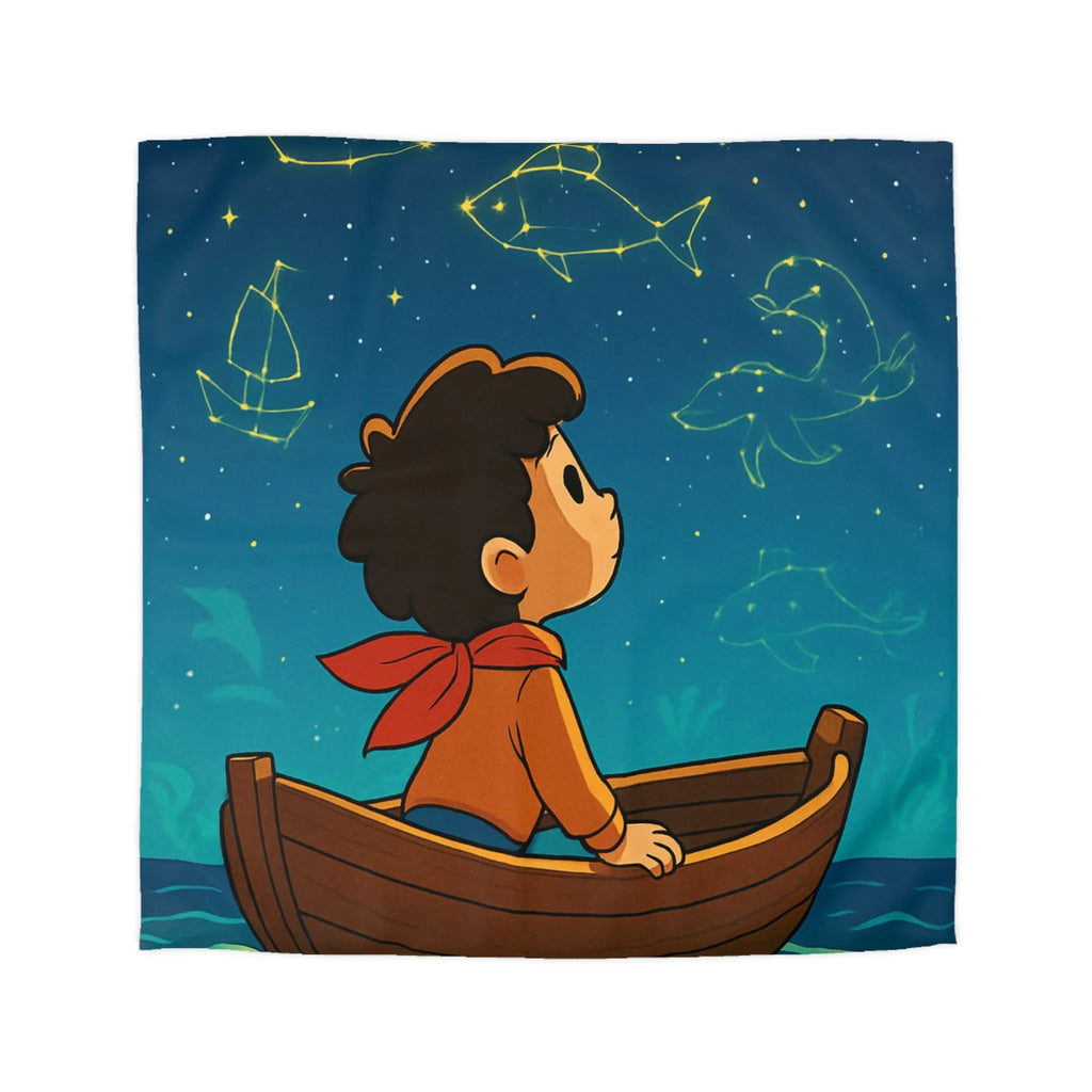 Enfant rêveur explorant les constellations marines lumineuses depuis un petit bateau paisible