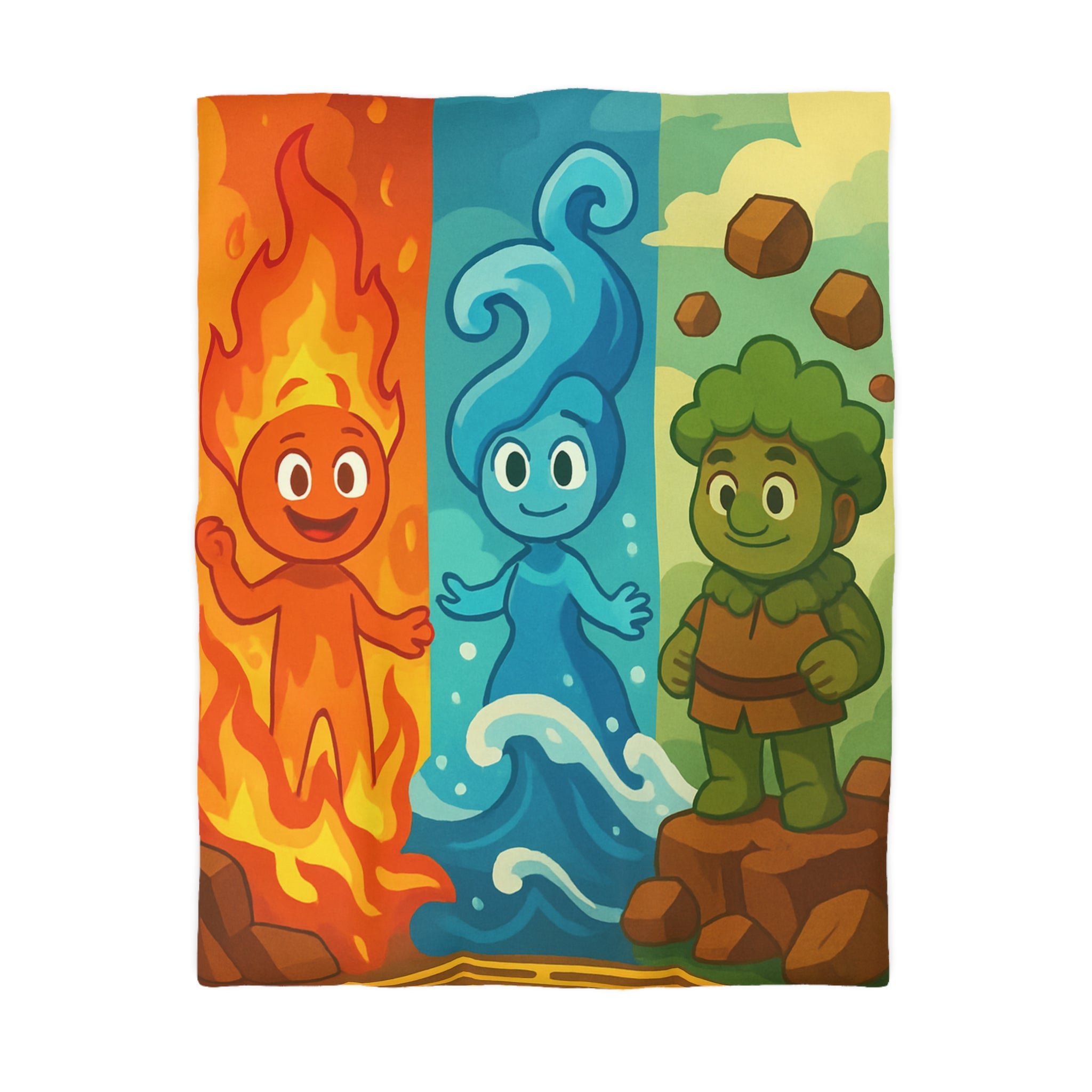 Trois Élémentaires Enfants Sympathiques : Feu, Eau, Terre dans un Décor Coloré Illustré
