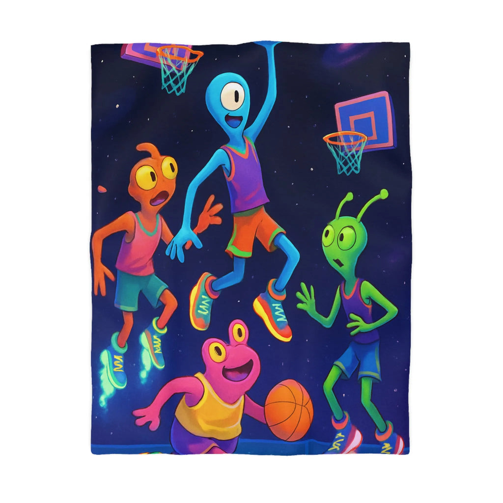 Housse de couette avec extraterrestres jouant au basket, ambiance lumineuse et amusante