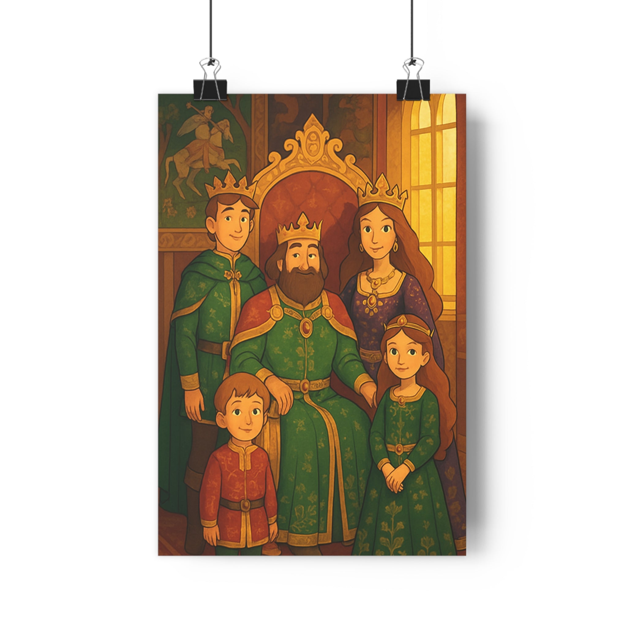 Poster décoratif animé médiéval fantastique royal vert rouge chambre salon roi reine enfants fenêtres