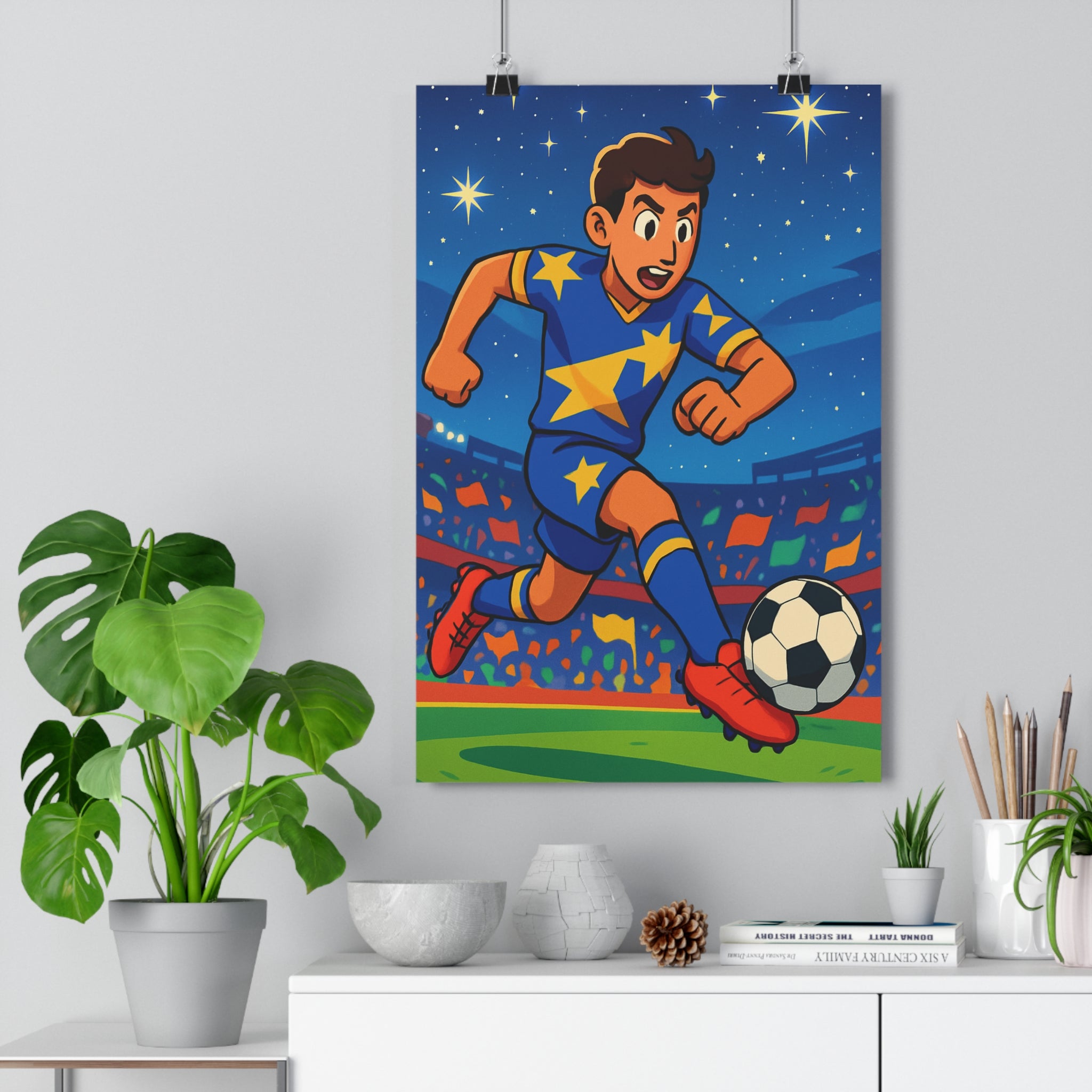 Poster décoratif sportif bleu jaune vibrant enfant animé chambre dynamique joueur football action qualité