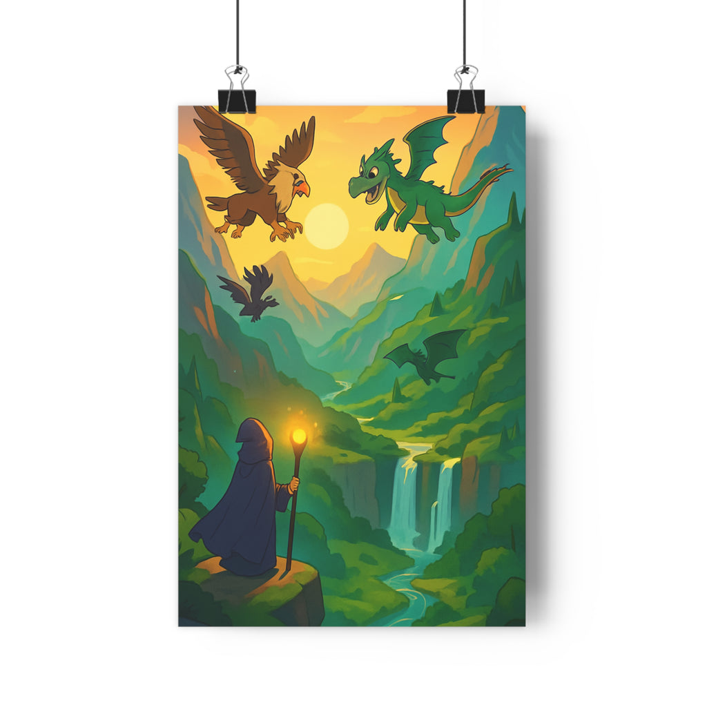 Poster décoratif magique montagnes coucher soleil sorcier griffon dragon épique cartoon féérique chambre enfant