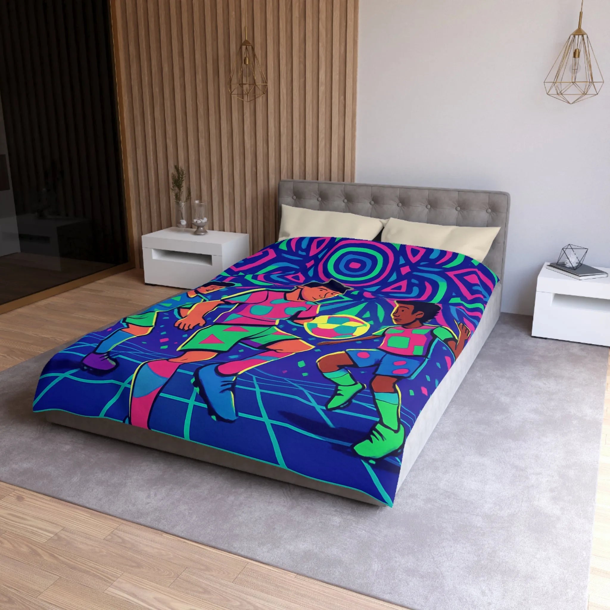 Housse de Couette Football Colorée avec Motifs Psychédéliques et Jeunes Joueurs en Action