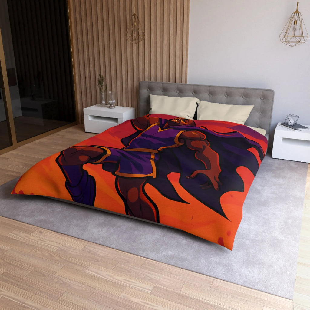 Housse de couette homme volant avec cape et ballon lumineux sur fond orange