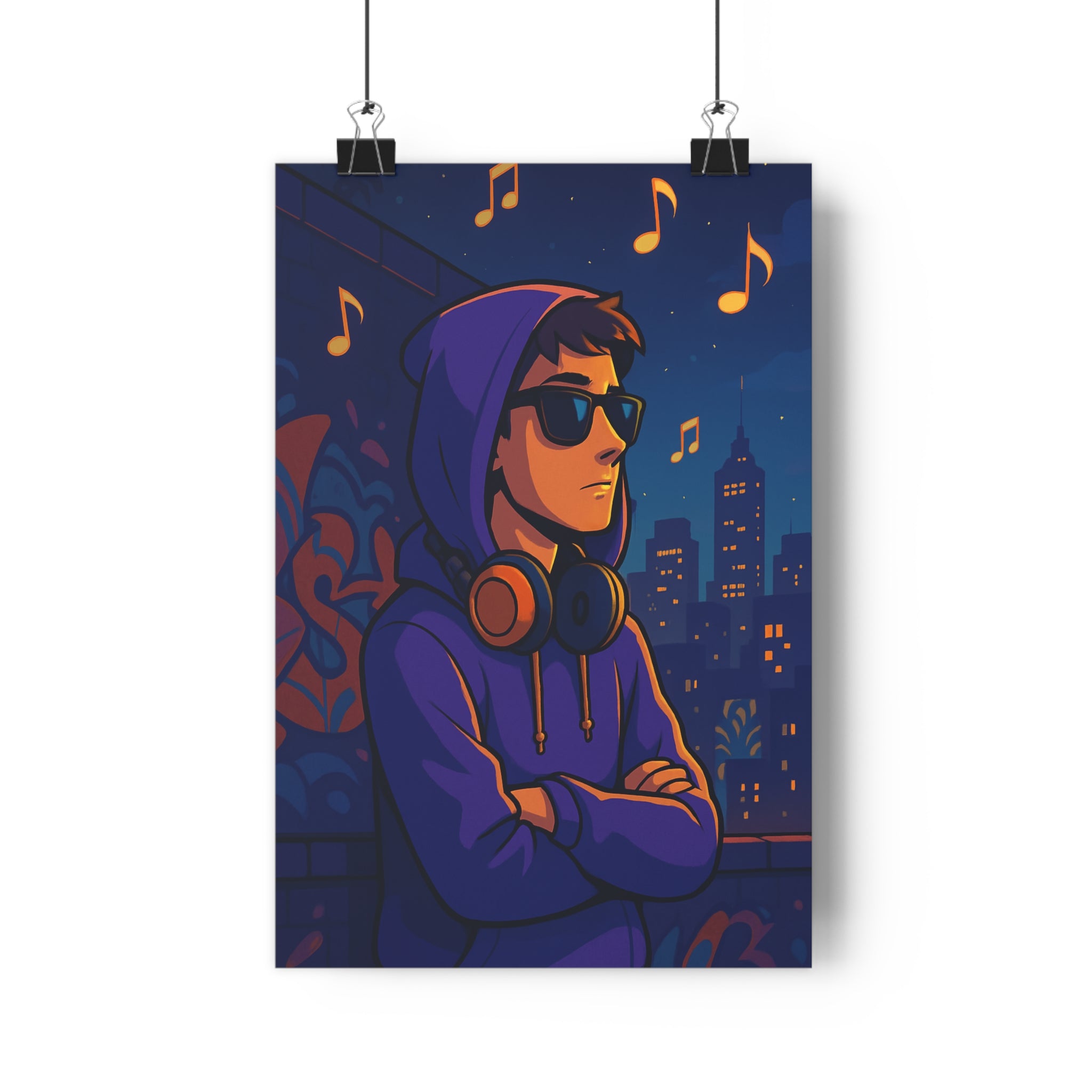 Poster décoratif urbain mystérieux violet bleu cartoon moderne chambre salon musique ville éclairée qualité