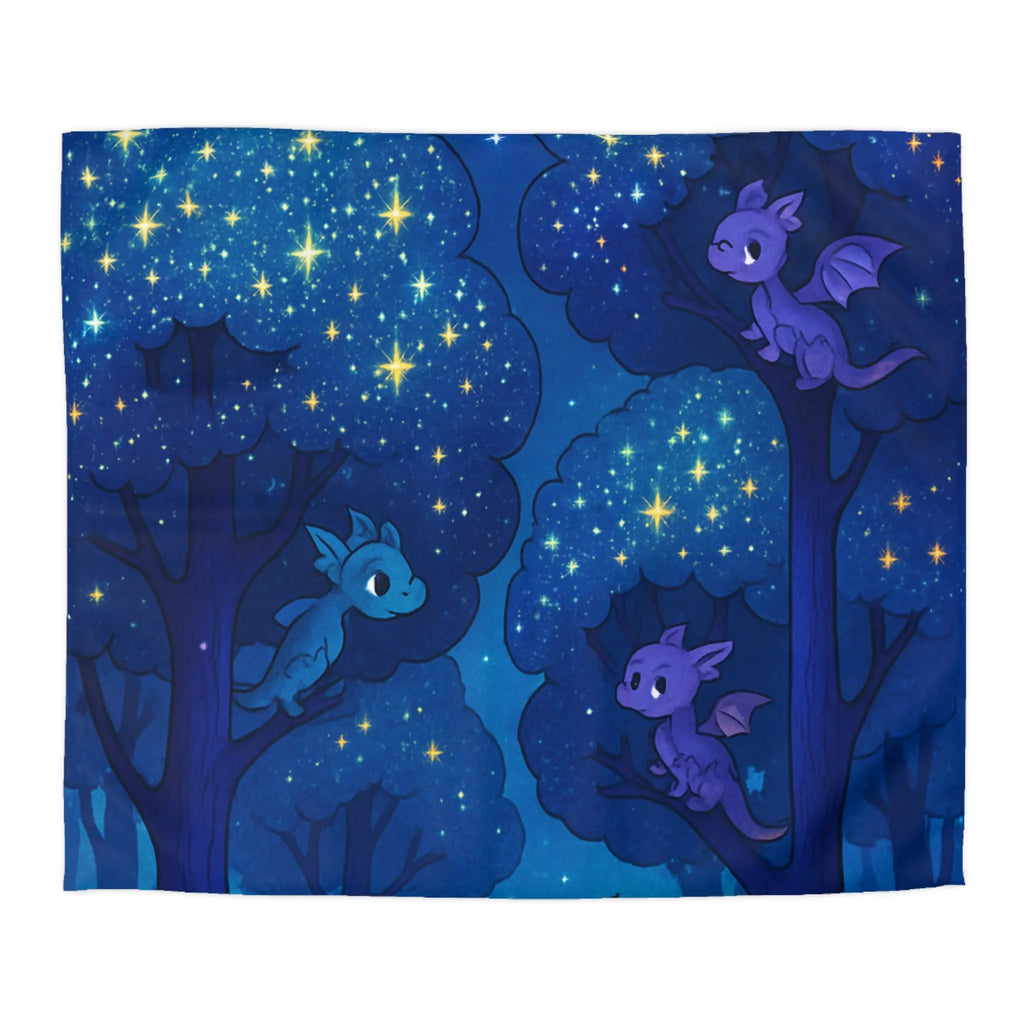 Housse de couette forêt nocturne enchantée avec dragons colorés et ciel étoilé