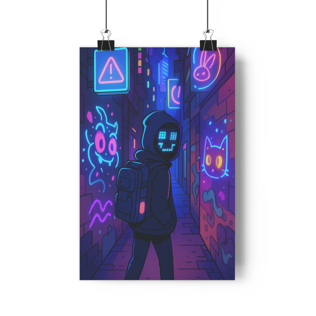 Poster décoratif moderne néon bleu rose violet chambre salon futuriste ambiance mystérieuse voyageur lumineux