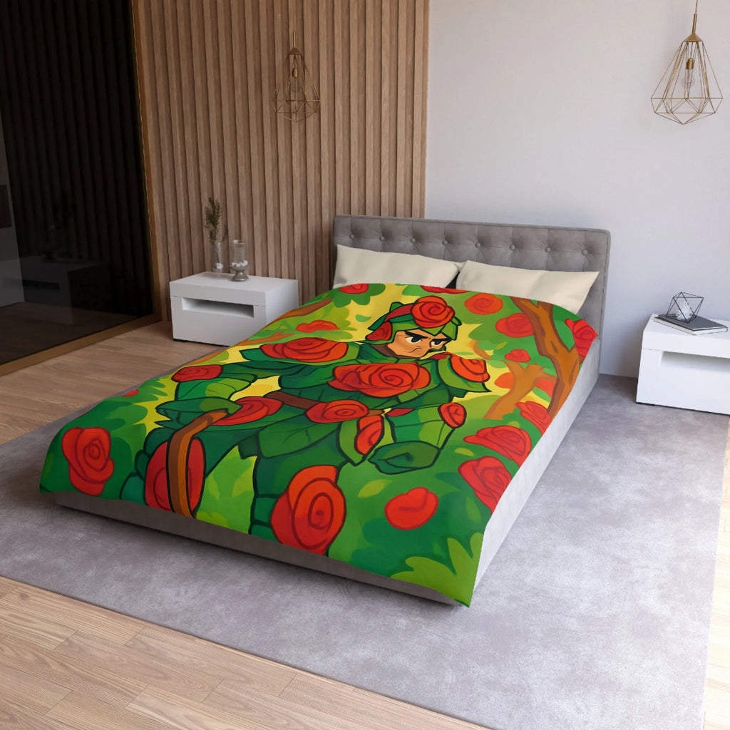 Housse de couette au design chevalier floral avec roses rouges et feuillage vert