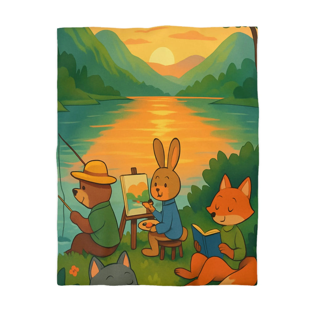 Housse de couette animaux amis au bord du lac avec coucher de soleil serein