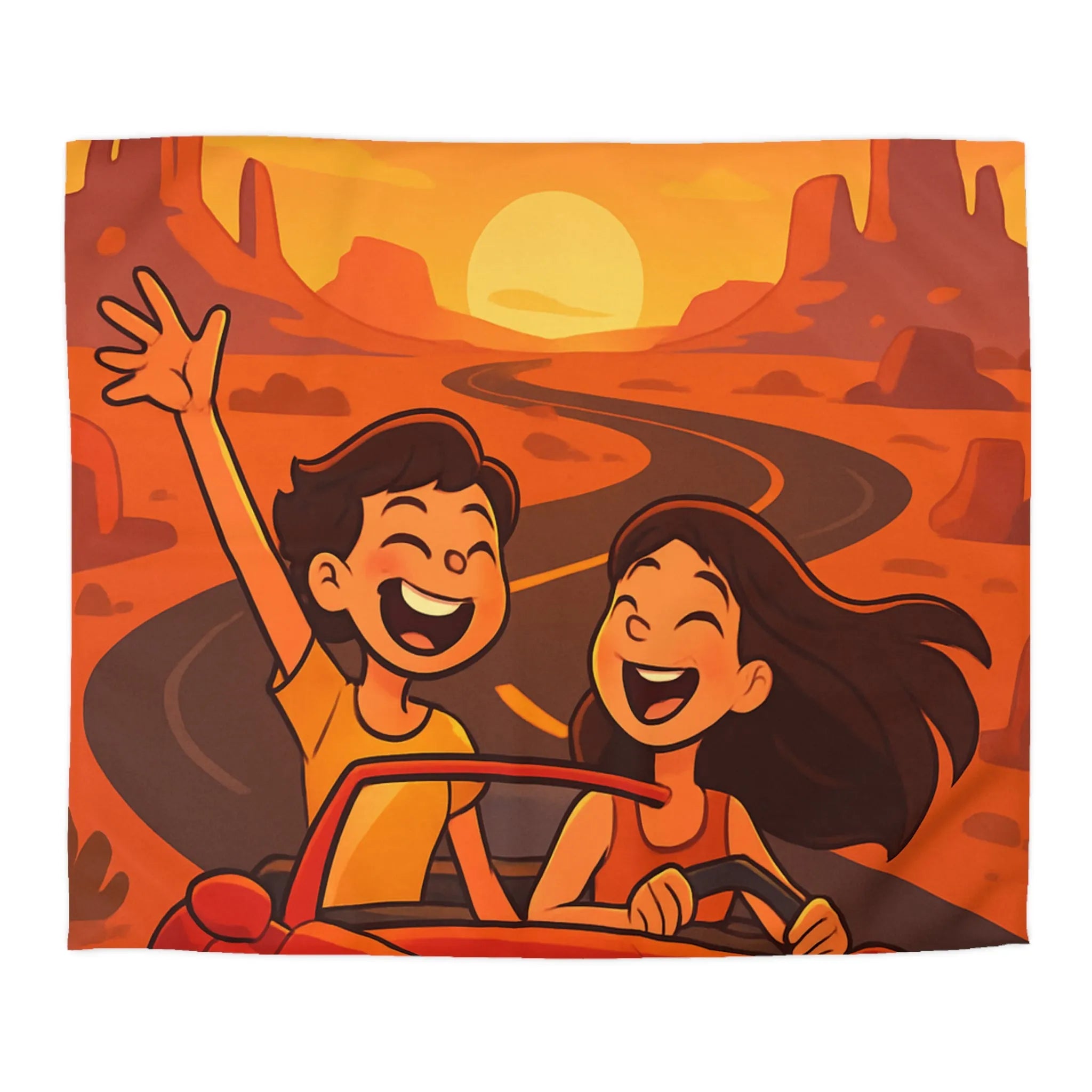 Aventure en voiture rouge dans un désert ensoleillé avec couple et aigle volant