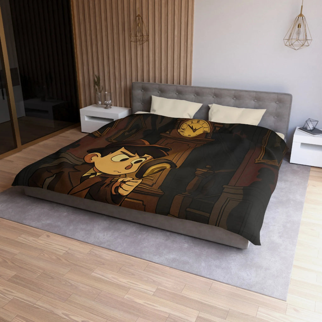 Housse de couette détective vintage avec horloge et silhouettes mystérieuses pour ambiance intrigante