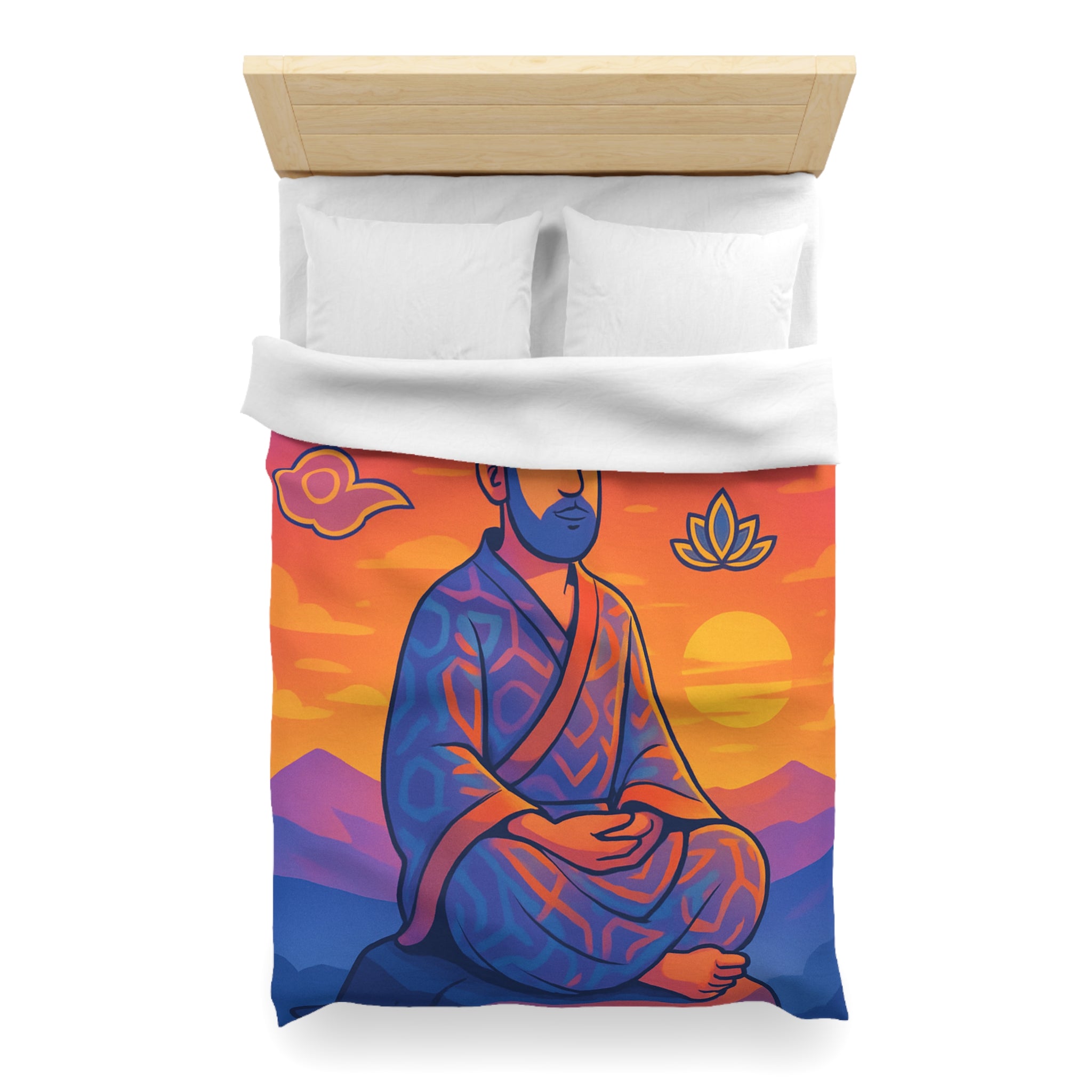 Housse de Couette Zen Moine Méditant au Coucher de Soleil Avec Fleurs de Lotus