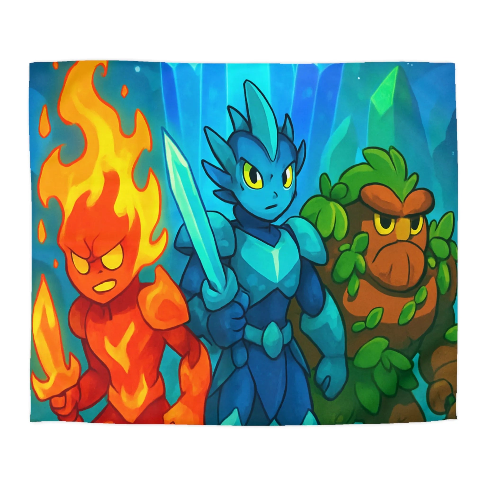 Housse de couette avec personnages élémentaires : feu, glace et terre, ambiance fantastique