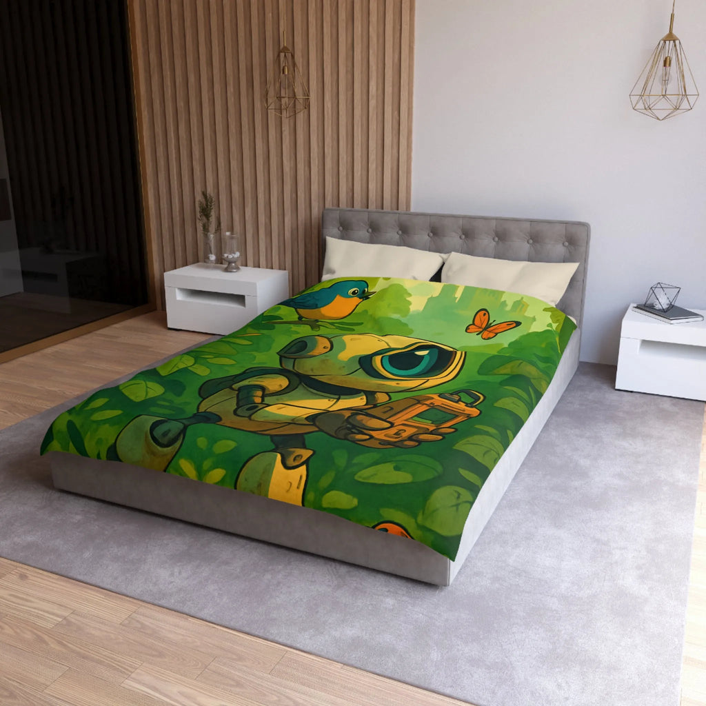 Housse de couette ludique avec robot curieux dans une forêt verdoyante et magique