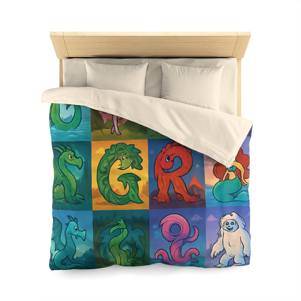 Housse de couette enchantée avec lettres magiques et créatures mythiques colorées