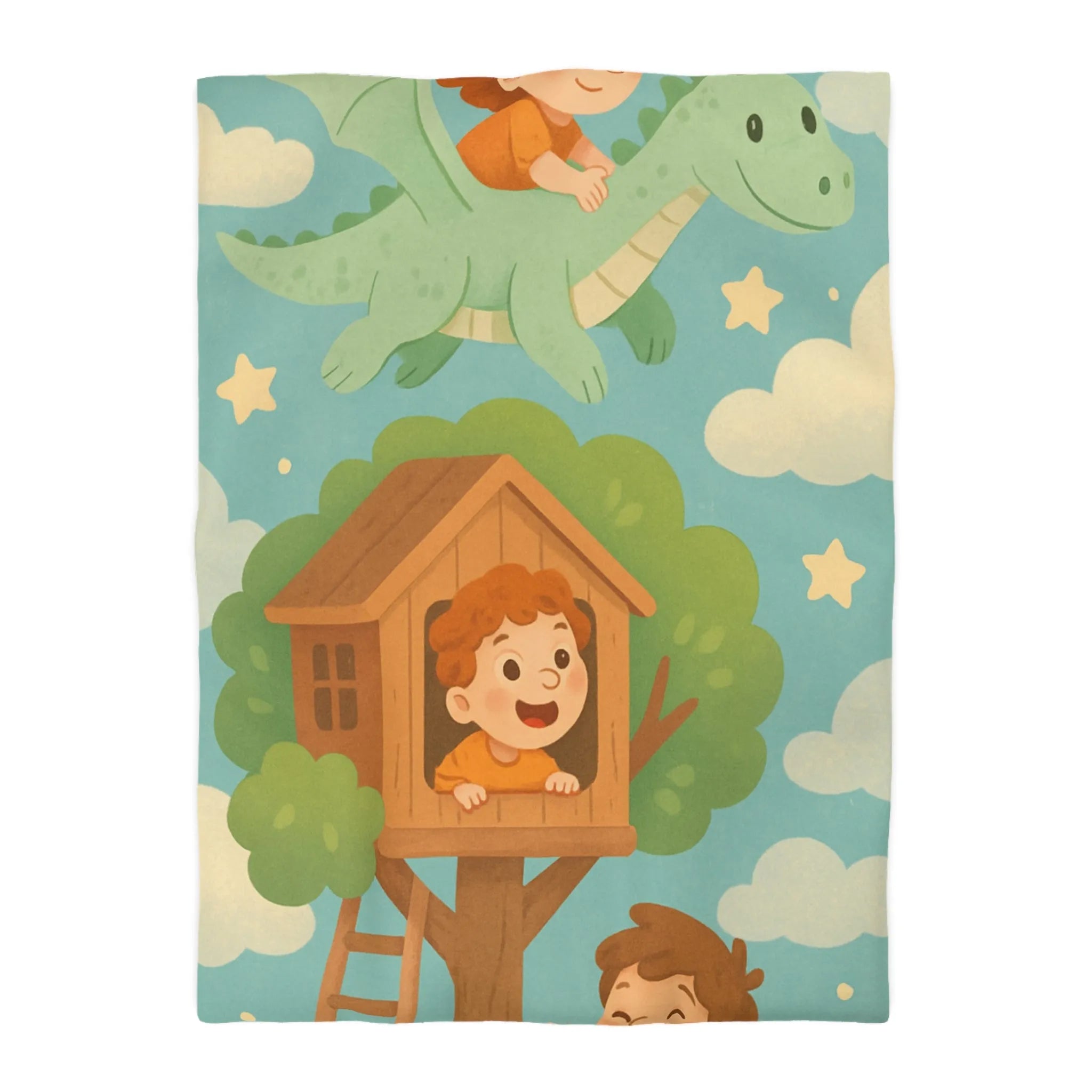 Housse de Couette Enfant Colorée avec Dragon, Maisonnette Arbre et Étoiles Féeriques