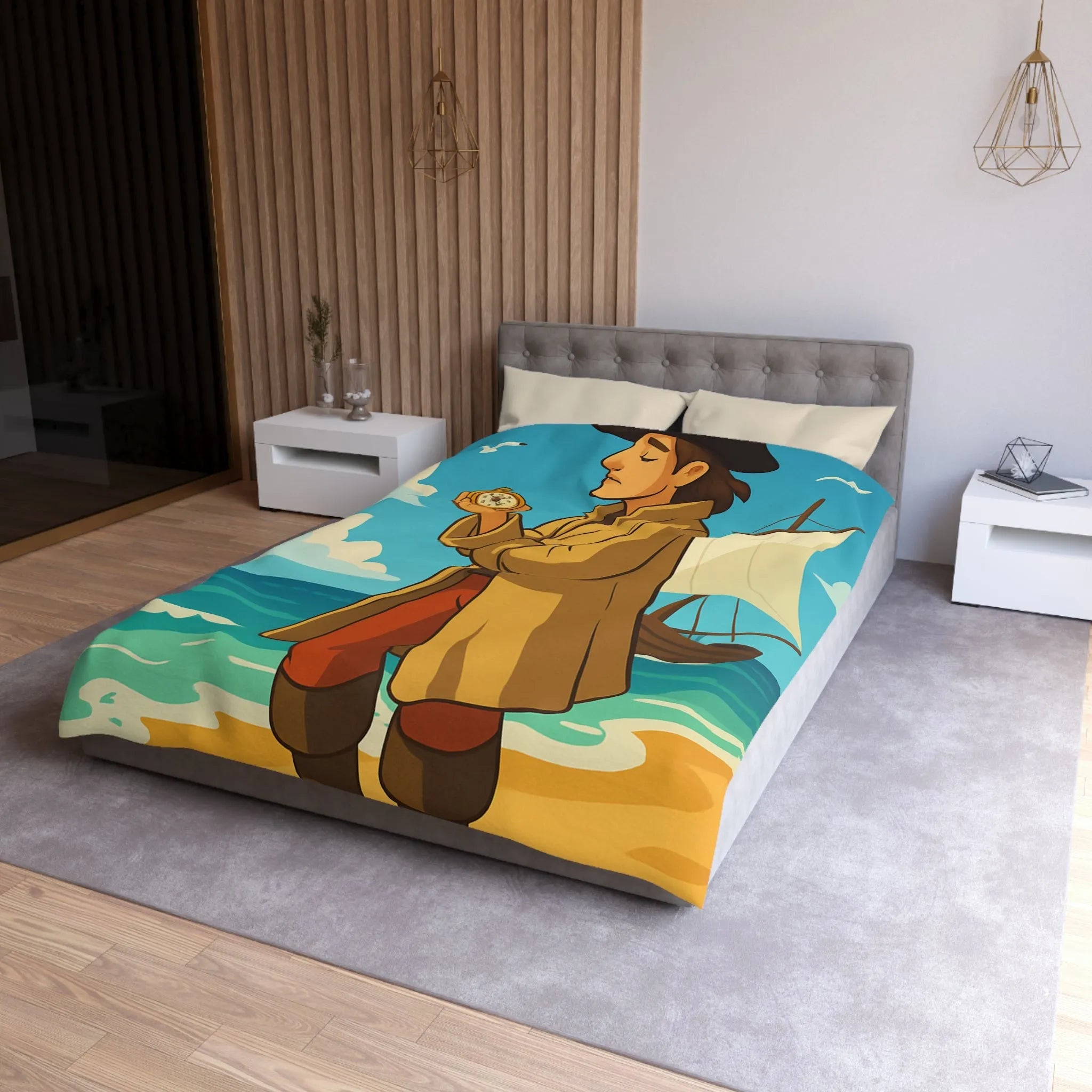 Housse de couette avec illustration de marin vintage et montres de poche sur plage