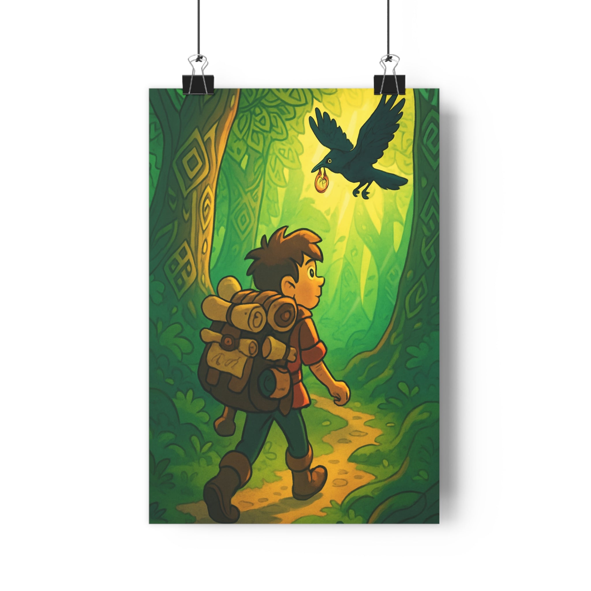 Poster décoratif cartoon vert doré aventure mystique forêt chambre enfant magique captivant enchanteur ambiance