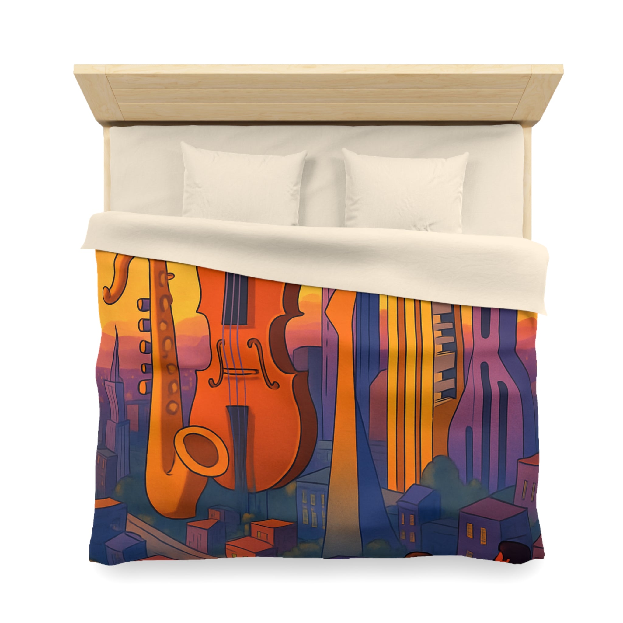 Housse de couette urbaine avec des instruments géants flottant au coucher de soleil vibrant