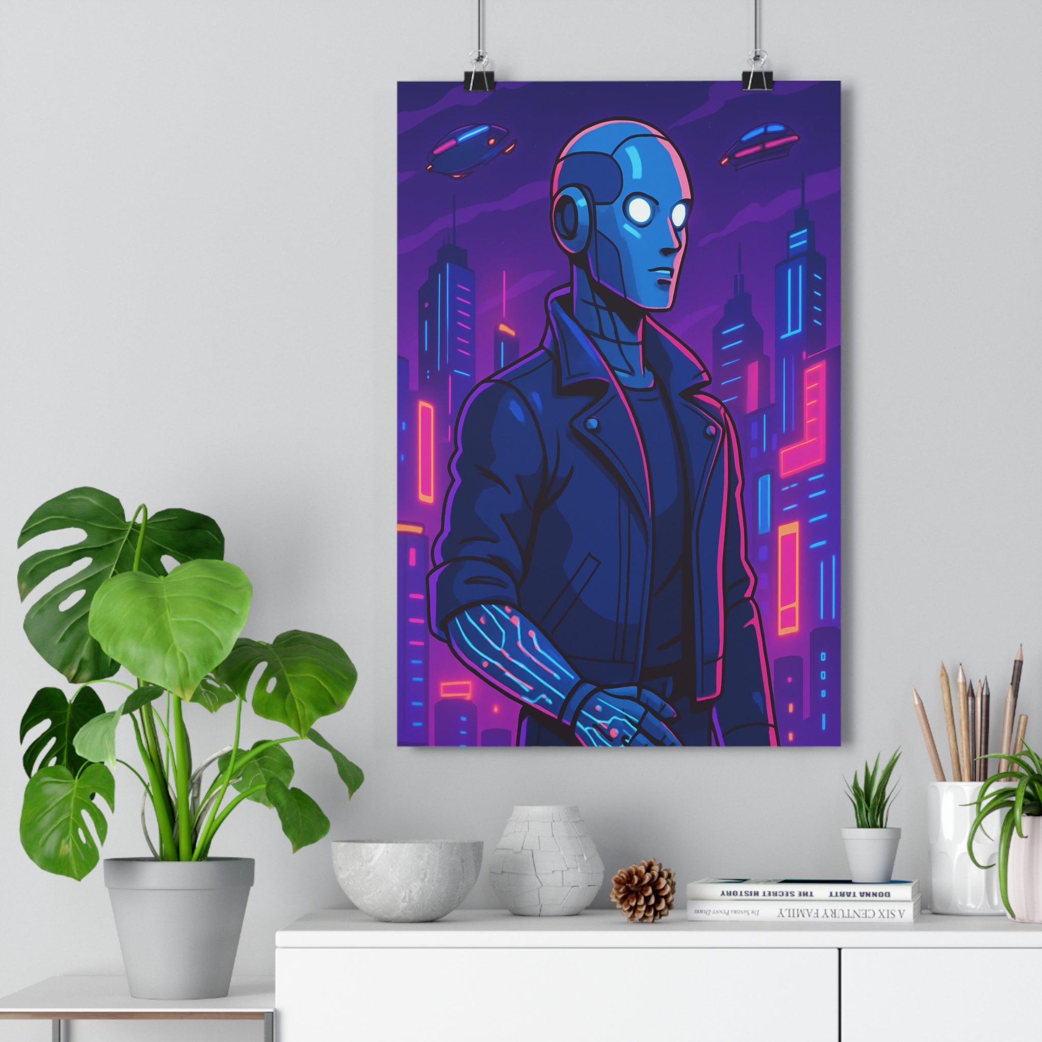 Poster décoratif futuriste bleu violet rose cartoon cyberpunk moderne chambre salon robot électrique ville