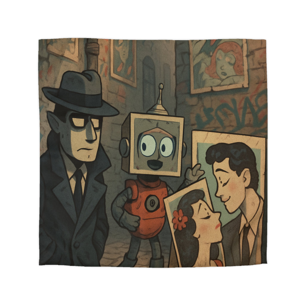 Housse de couette rétro robot vintage, style pop art, ambiance urbaine et romantique