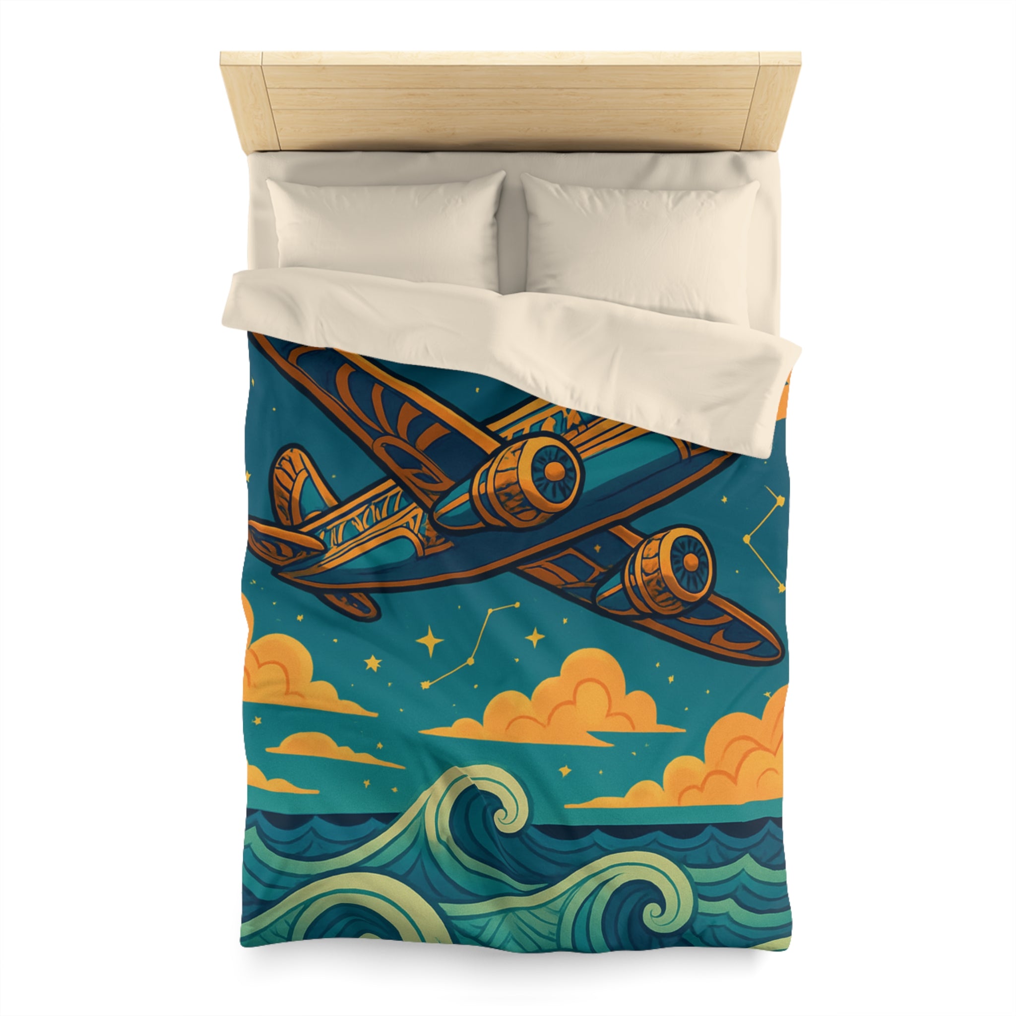 Housse de couette vintage avion voyageur sur ciel étoilé et mer tourmentée