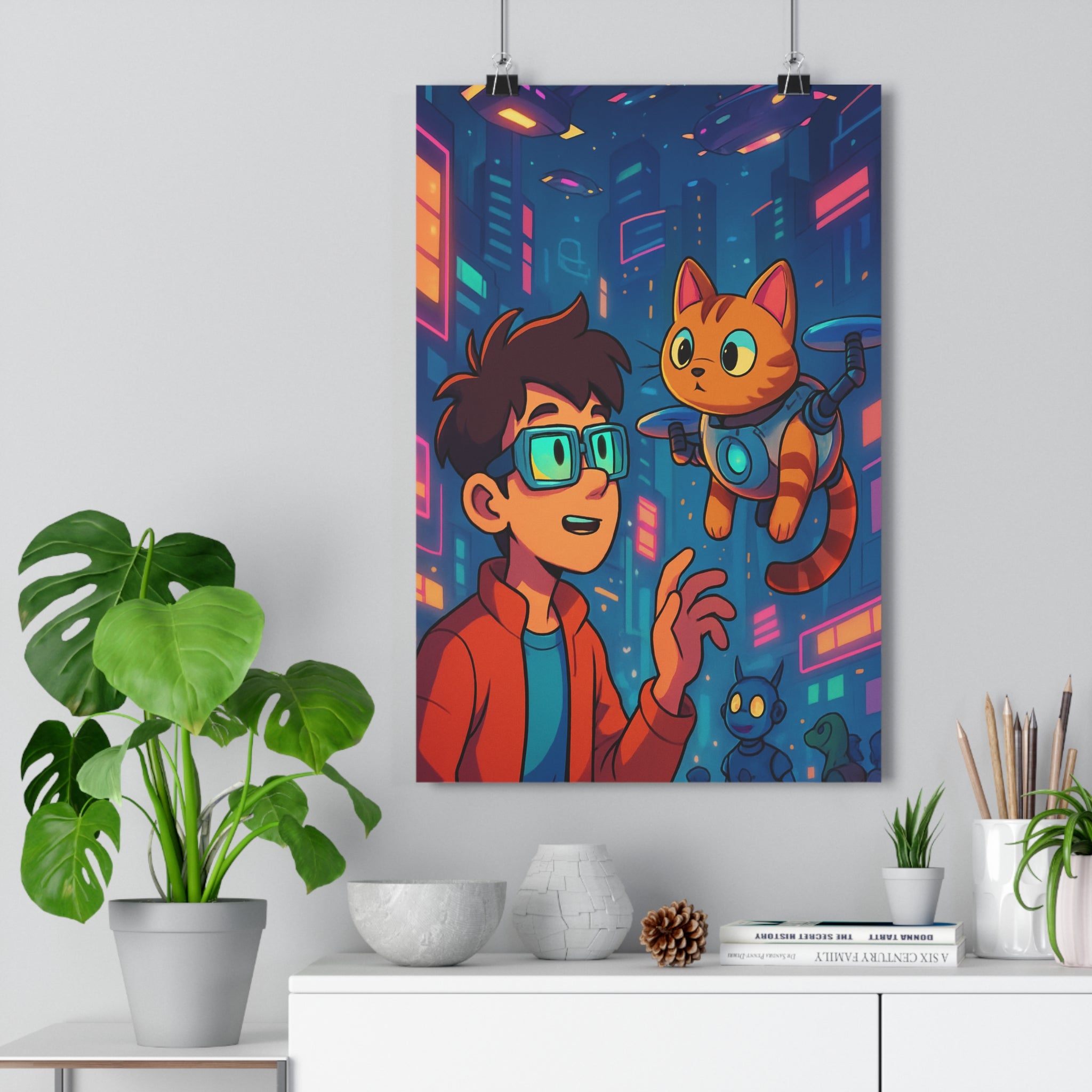 Poster décoratif futuriste moderne bleu rose chambre bureau néons dynamique urbain ambiance créatif garçon