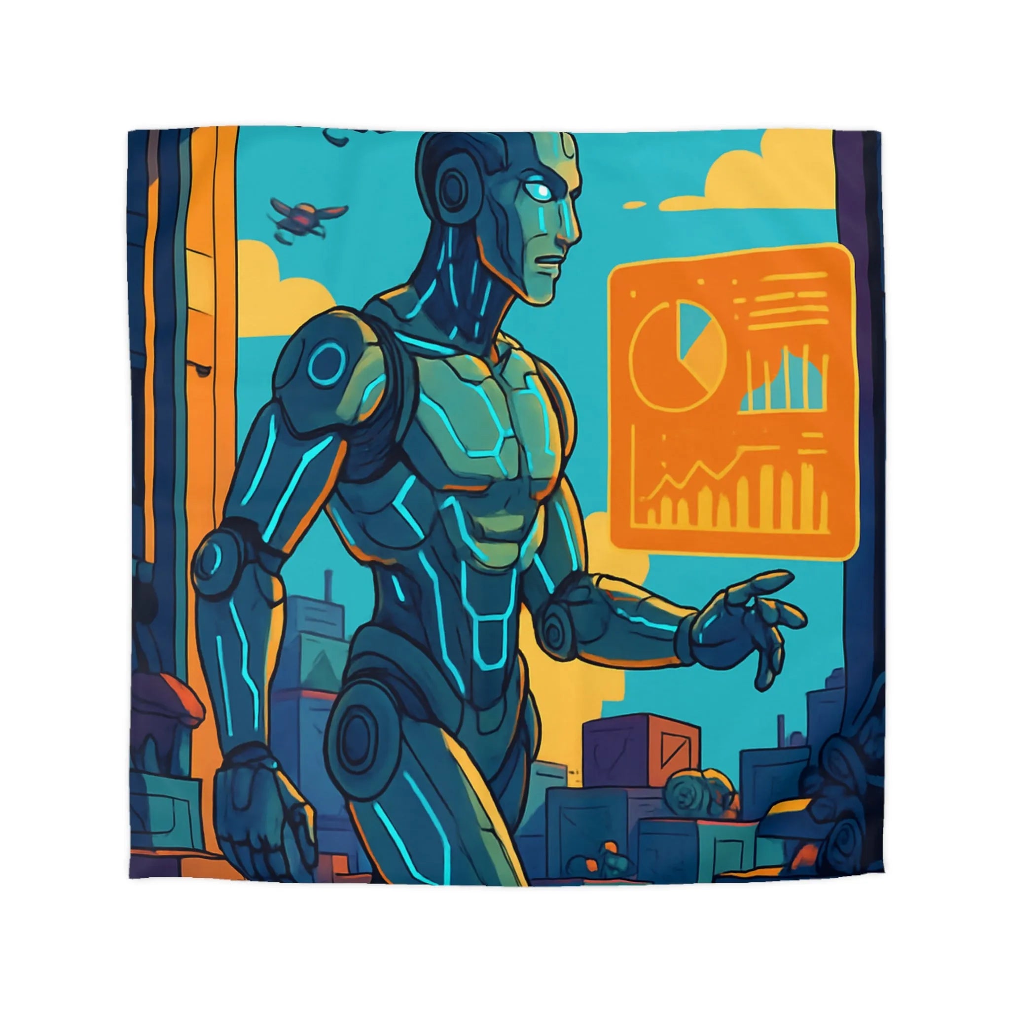 Housse de couette futuriste avec robot et drones, couleurs vives et graphiques modernes