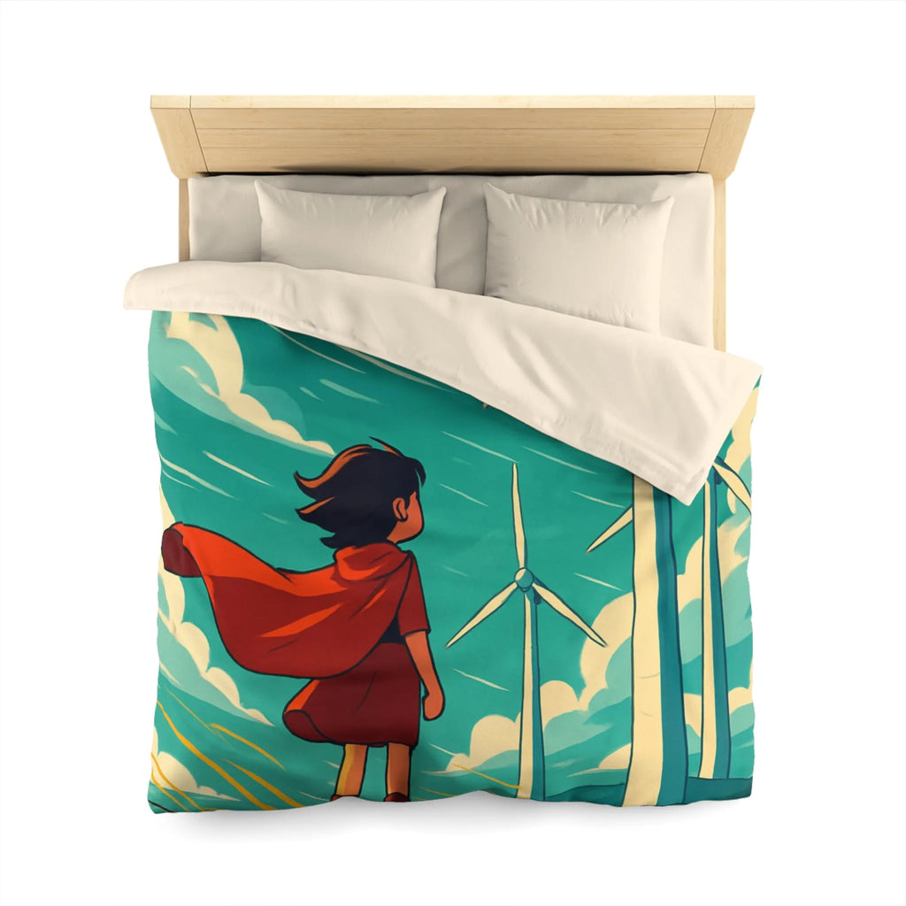 Housse de Couette Enfant avec Éoliennes et Paysage Venté Rouge et Bleu