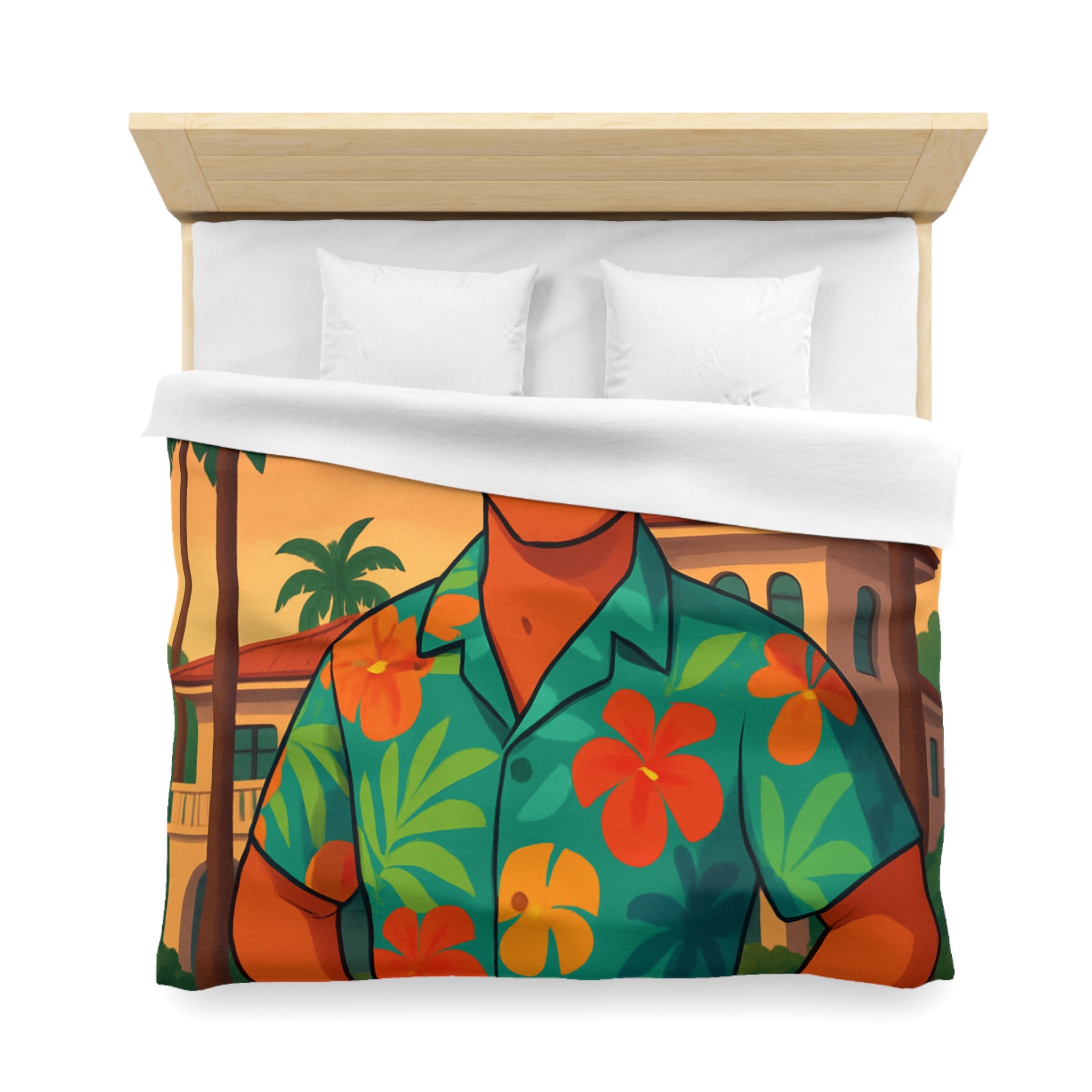 Housse de couette tropicale avec personnage souriant en chemise hawaïenne et palmiers