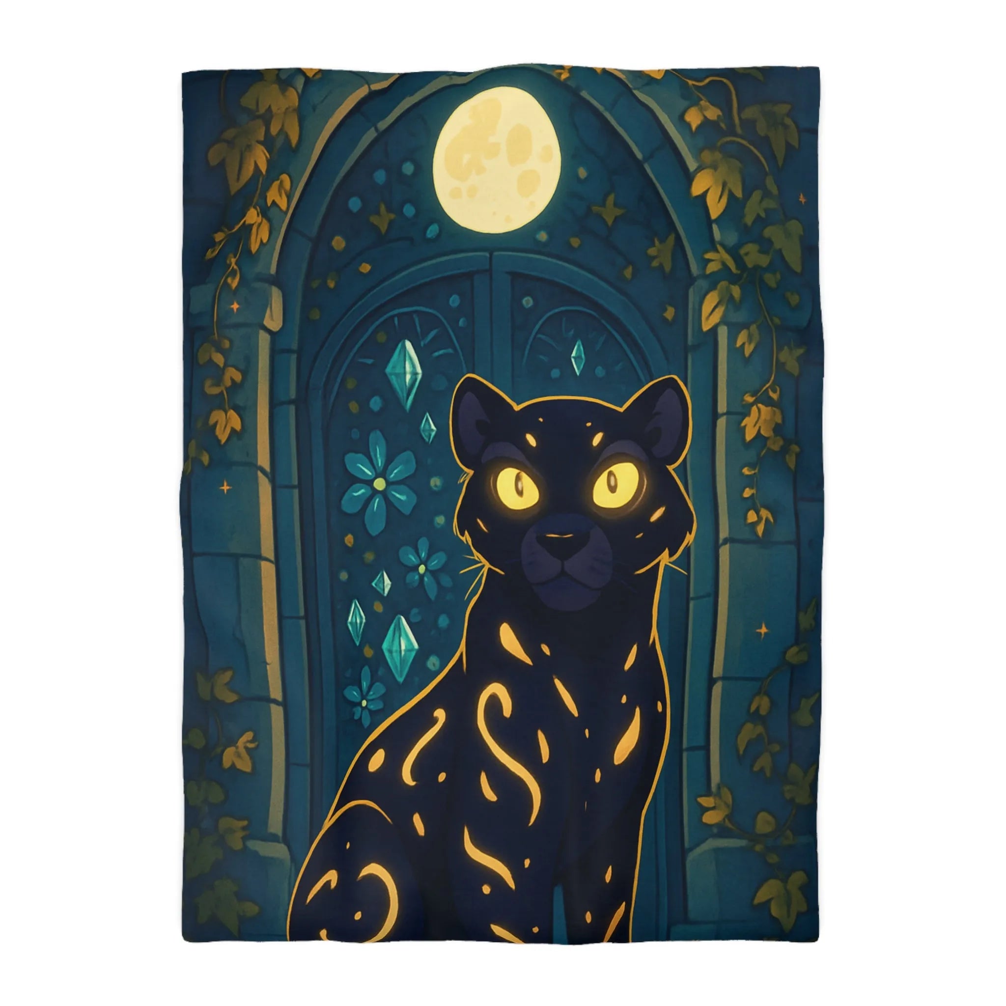 Housse de couette féline enchantée avec portail lunaire et arabesques dorées en forêt